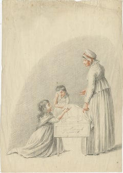 Dutch Drawing of Children Around a Cradle – Signed G. Verburgh, c.1800