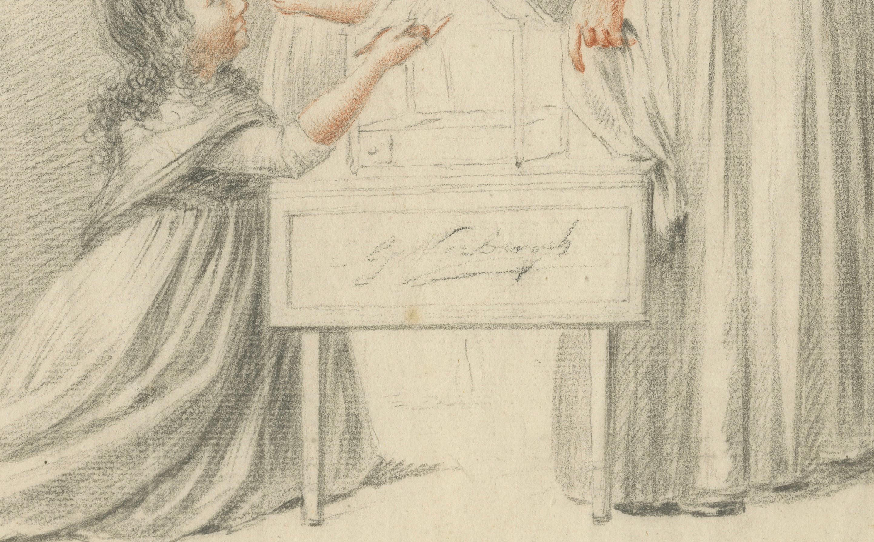 Dutch Drawing of Children Around a Cradle – Signed G. Verburgh, c.1800 In Good Condition For Sale In Langweer, NL