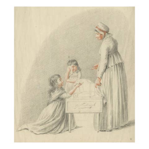 Dutch Drawing of Children Around a Cradle – Signed G. Verburgh, c.1800