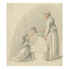 Dutch Drawing of Children Around a Cradle – Signed G. Verburgh, c.1800