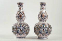 Dutch Early-18th Century, Polychrome Delft Faience Pair of Gourd-Shaped Vases