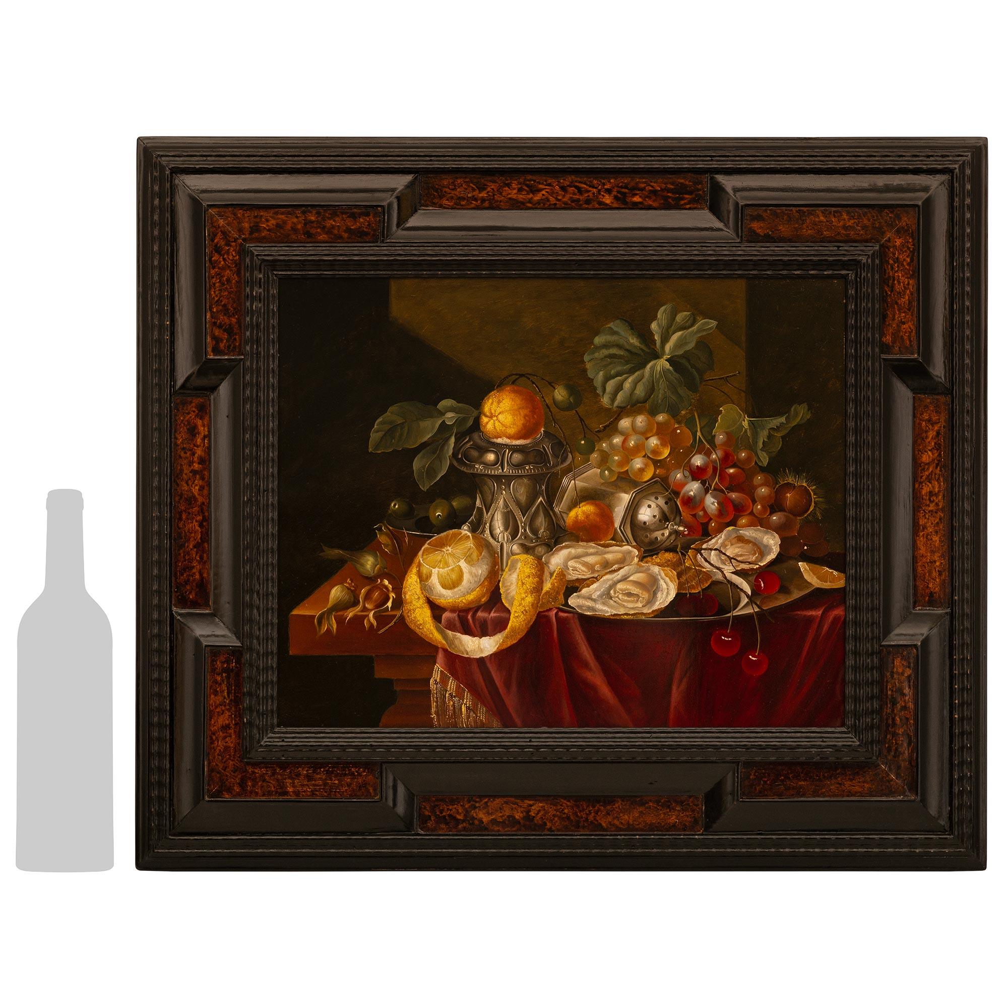 A high quality and most beautiful Dutch early 19th century faux painted Burl Wood and ebonized Fruitwood Oil on Copper painting. This wonderful rectangular still-life painting is framed within its original ebonized Fruitwood and faux painted Burl