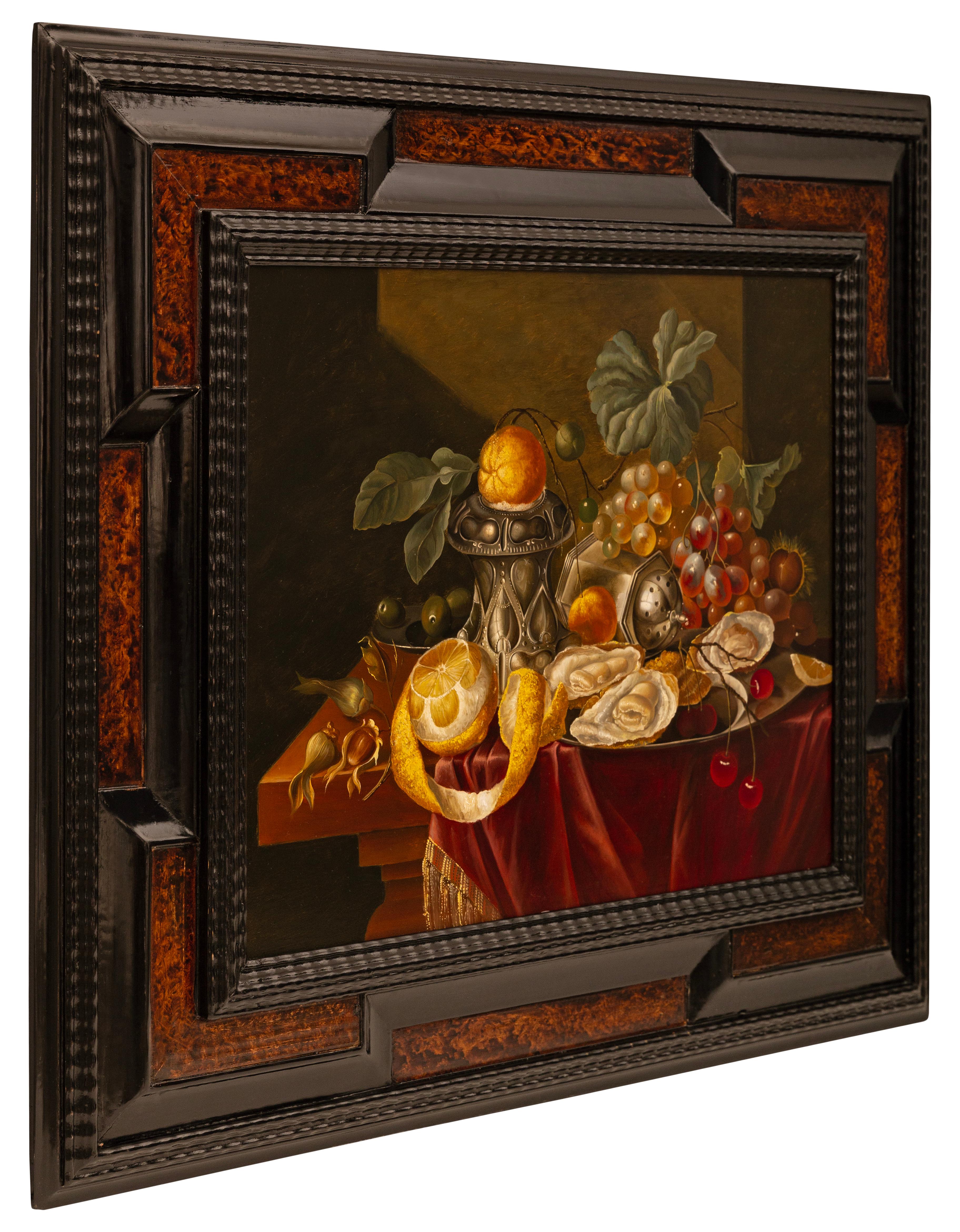 Ebonized Dutch early 19th century faux painted Burl Wood and Fruitwood copper painting For Sale