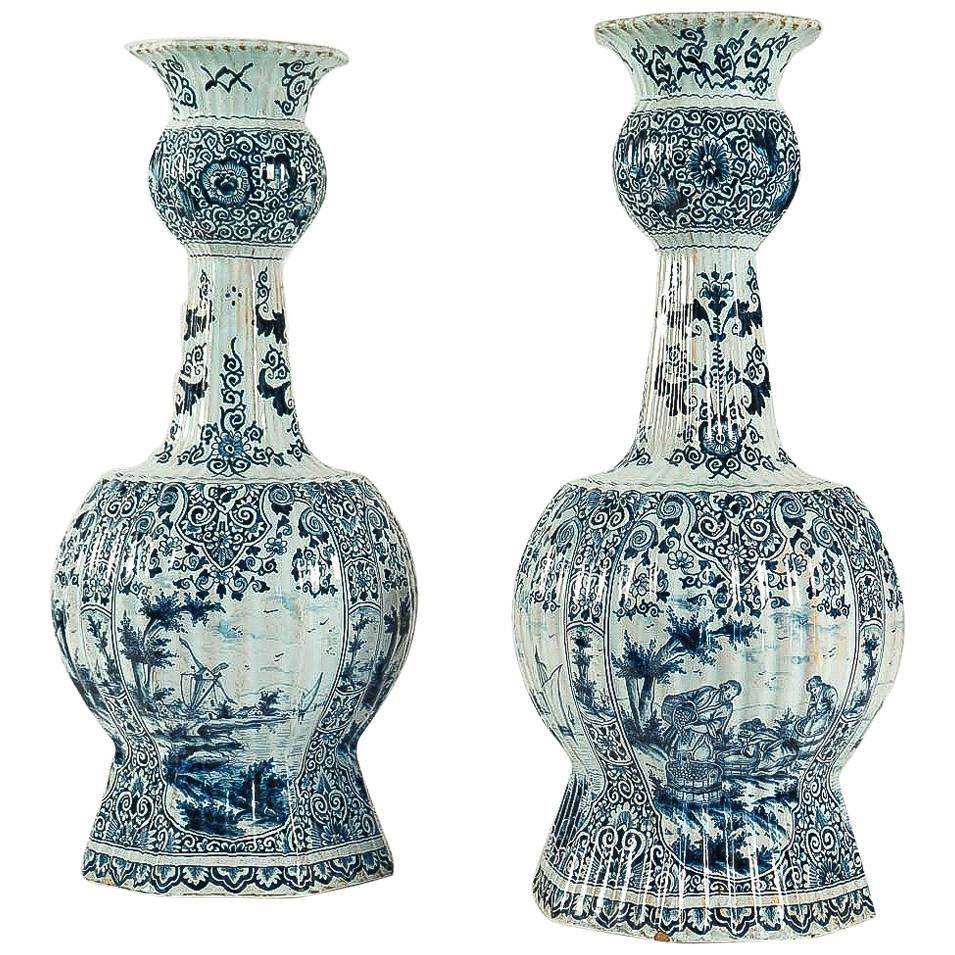Dutch Early 19th Century, Monumental Delft Faience Pair of Gourd-Shaped Vases