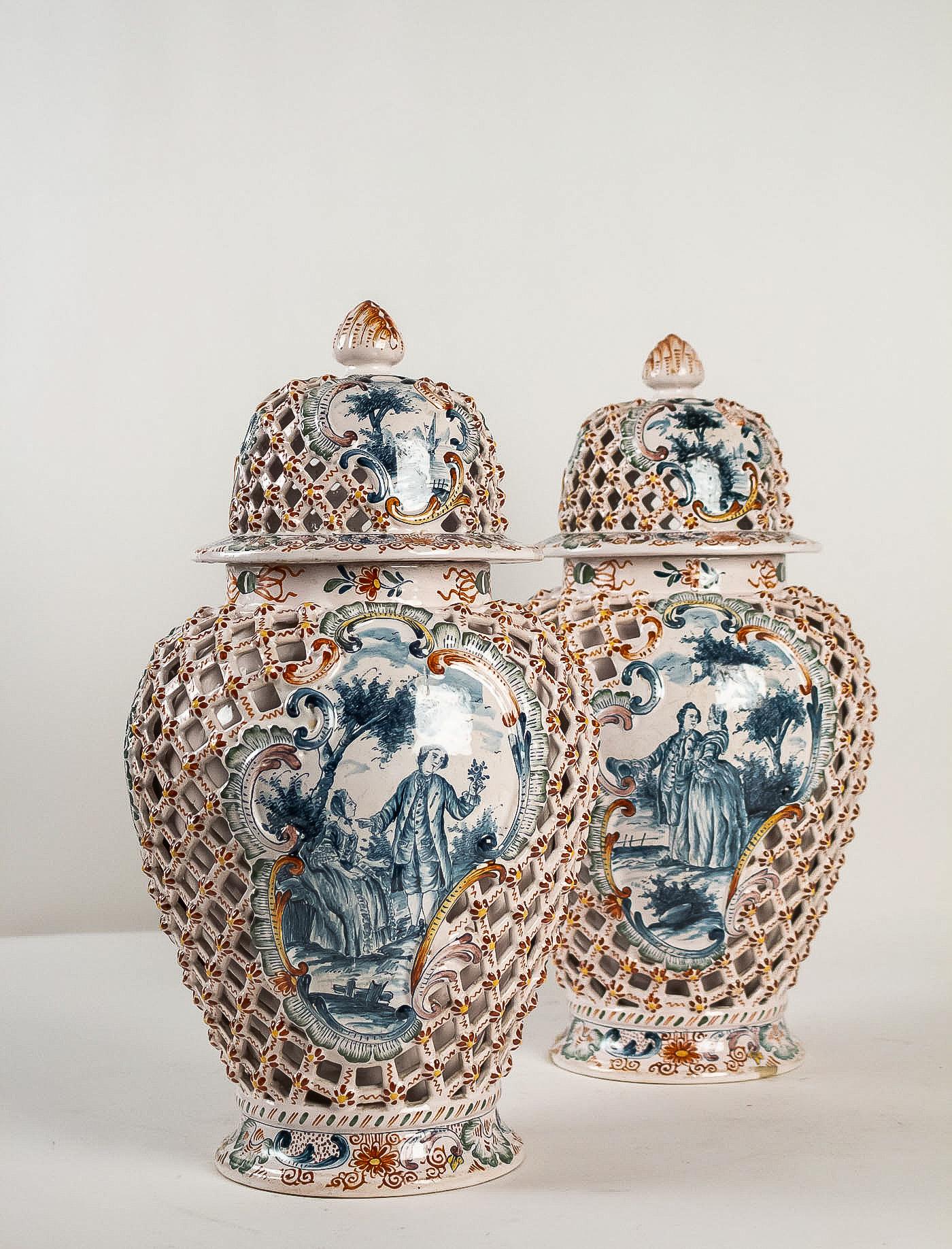 Louis XV Dutch Early-19th Century Polychrome Delft Faience Pair of Vases, circa 1810-1818