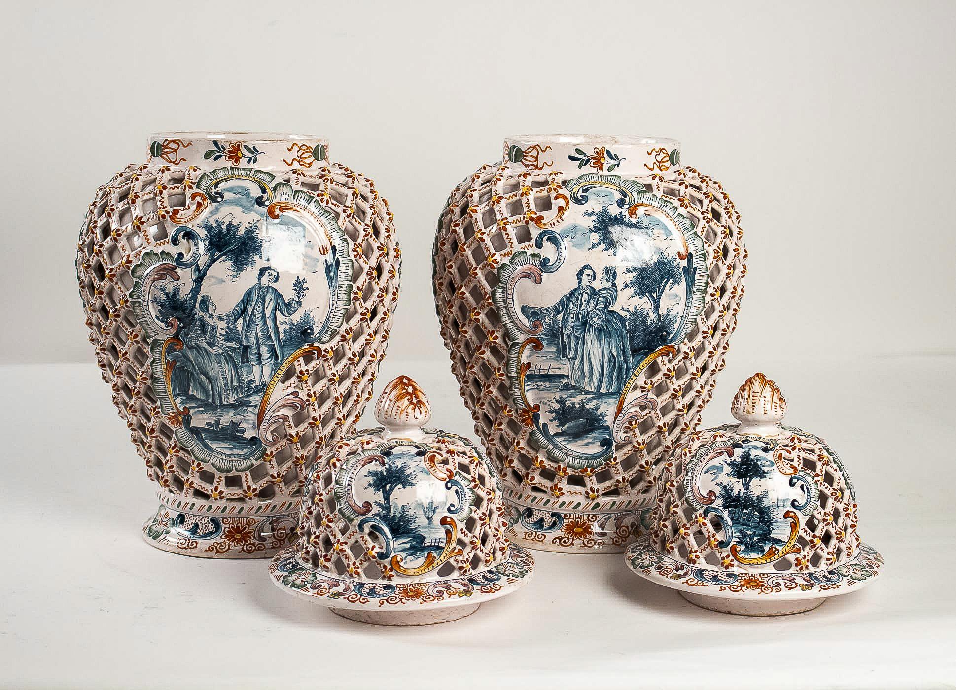 Polychromed Dutch Early-19th Century Polychrome Delft Faience Pair of Vases, circa 1810-1818