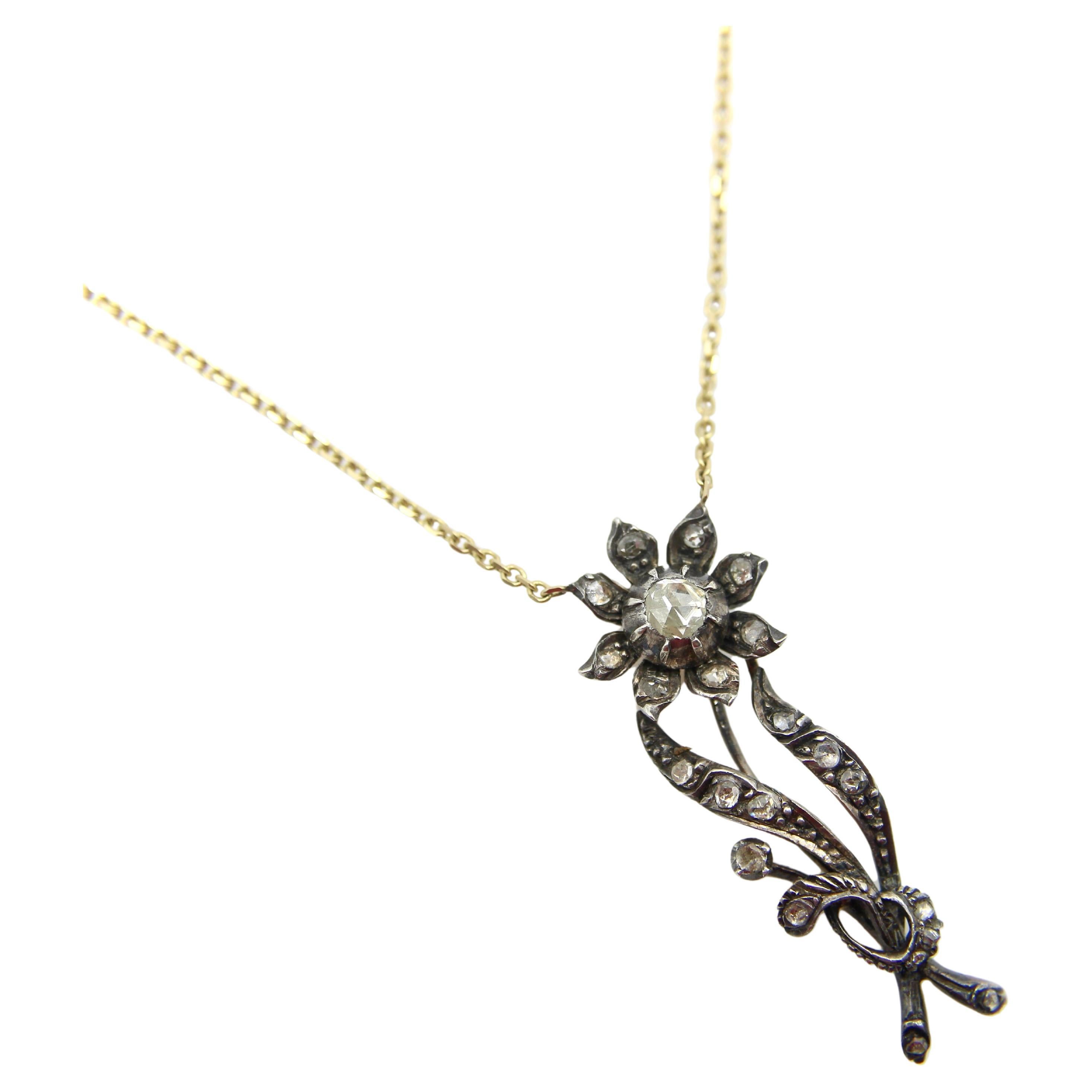 Dutch Early Victorian Rose Cut Diamond 14K Gold and Silver Flower Necklace