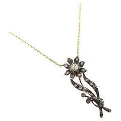 Dutch Early Victorian Rose Cut Diamond 14K Gold and Silver Flower Necklace