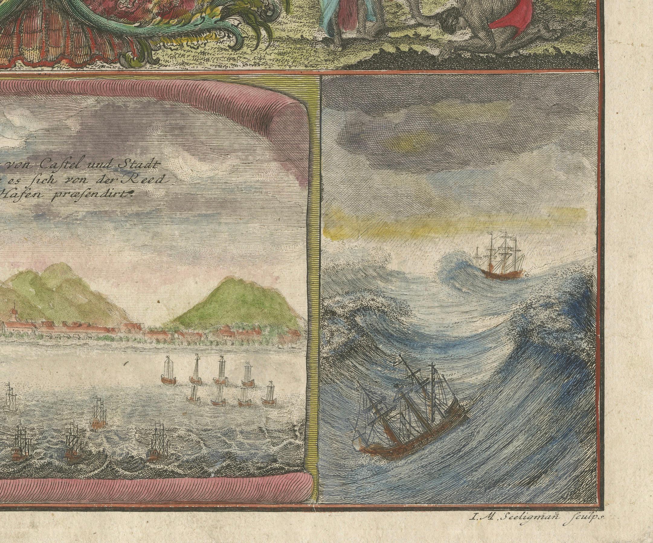 Engraved Dutch East India Company Engraving of Batavia and Trade, Heydt 1744 For Sale