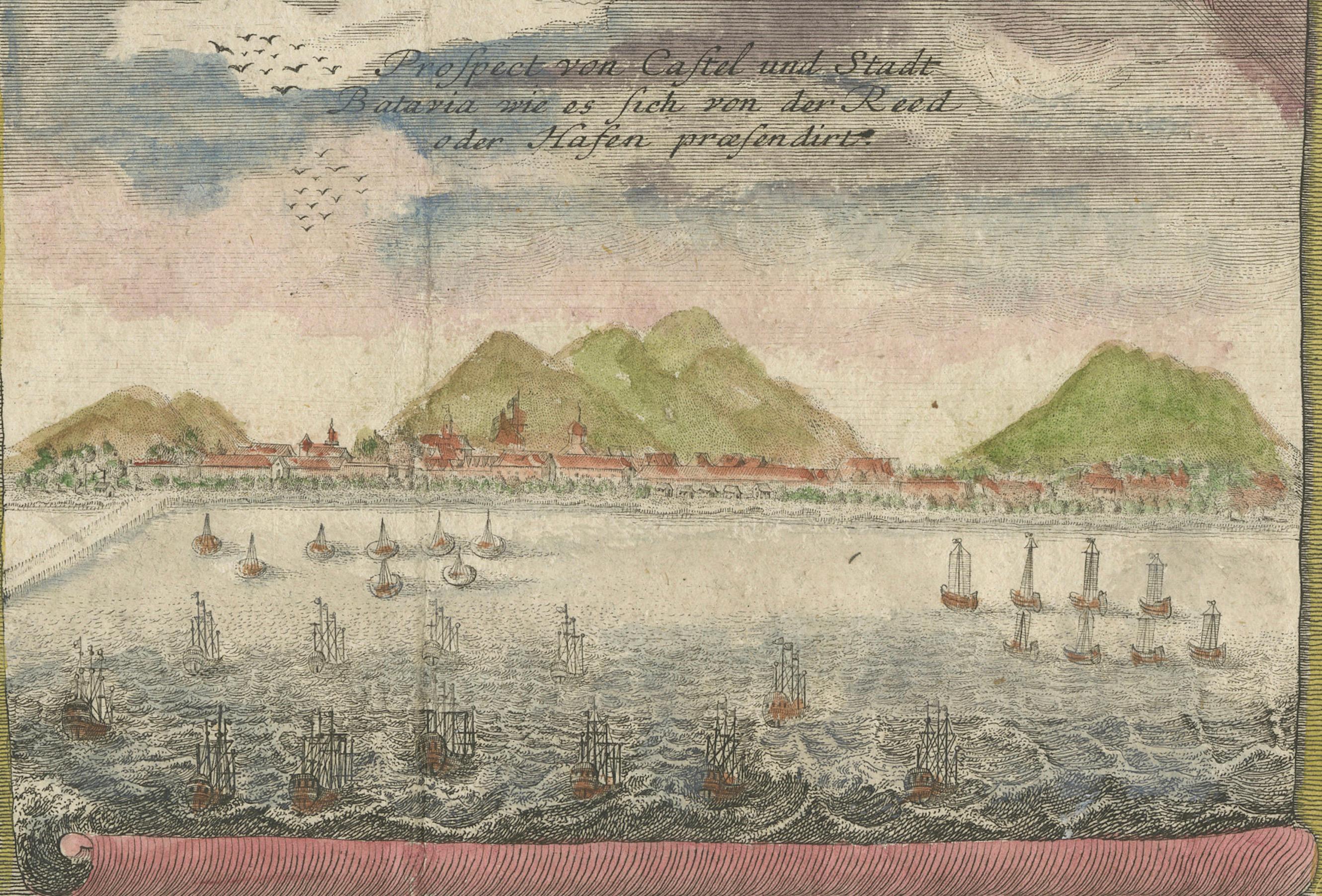 Dutch East India Company Engraving of Batavia and Trade, Heydt 1744 In Good Condition For Sale In Langweer, NL