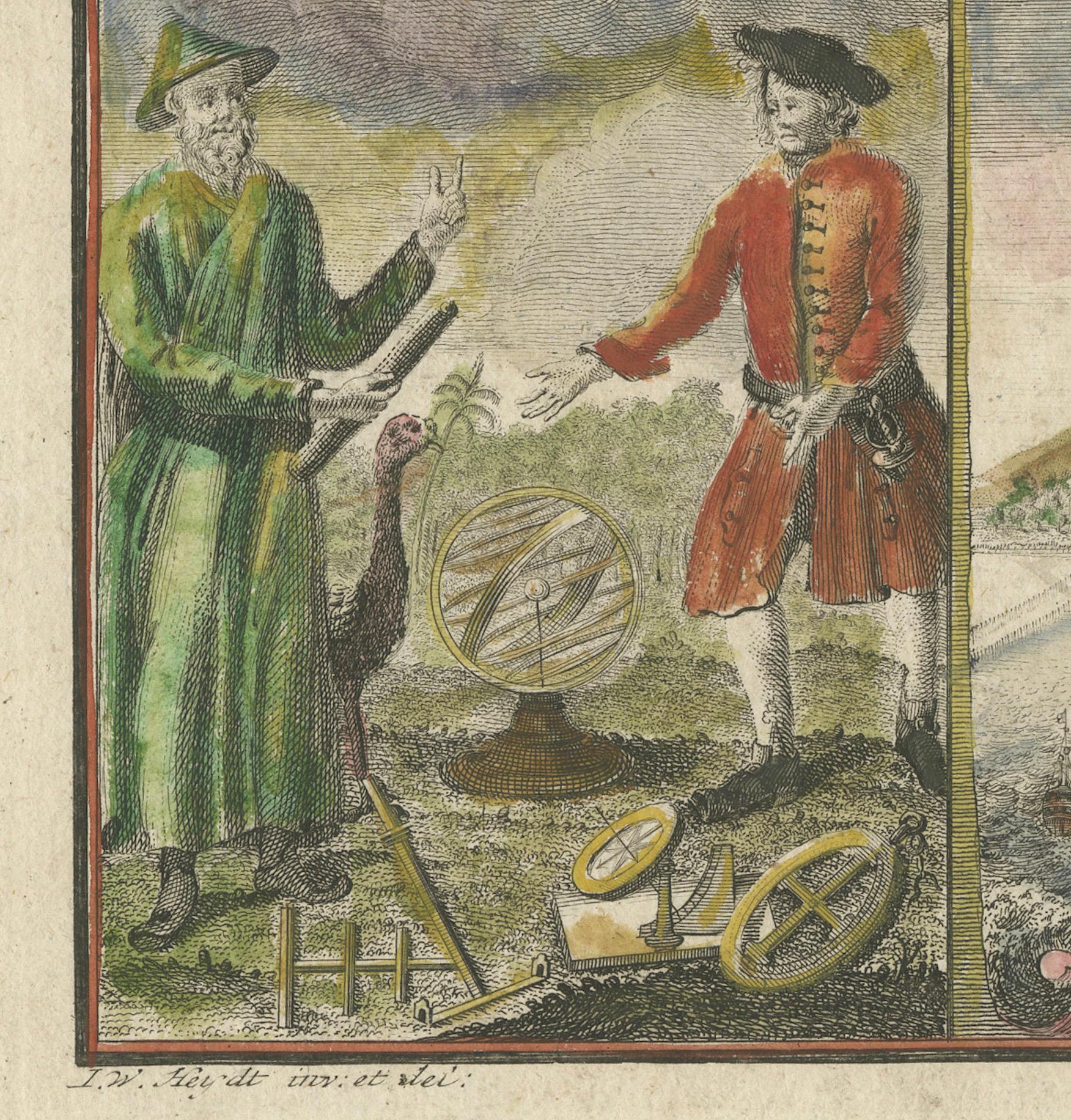 18th Century Dutch East India Company Engraving of Batavia and Trade, Heydt 1744 For Sale