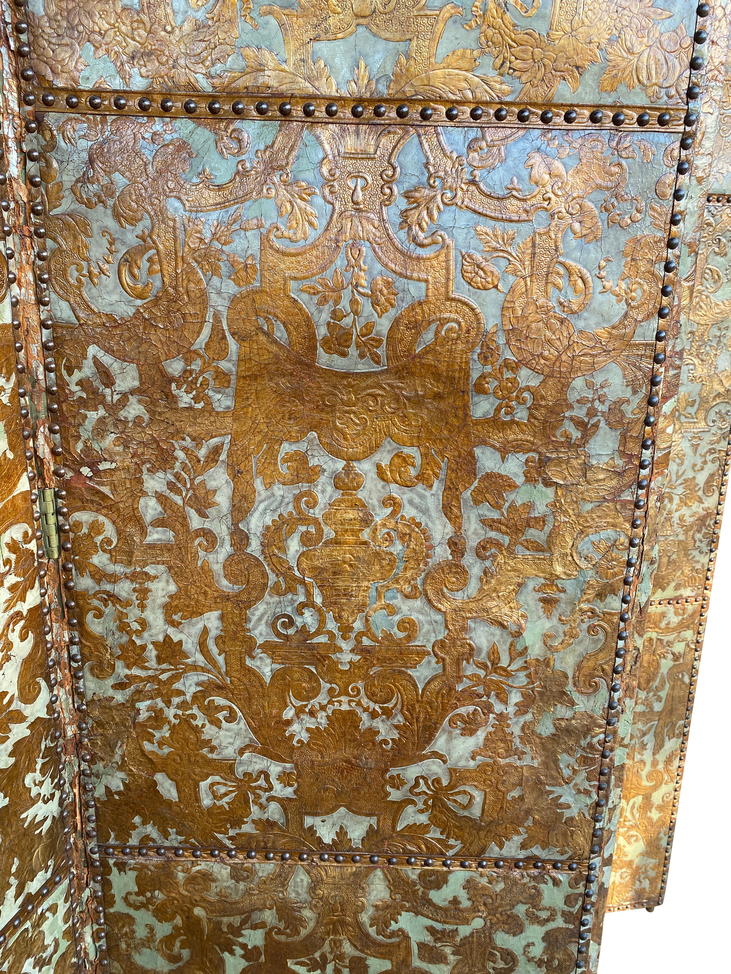 Baroque Dutch Embossed and Painted Leather Screen