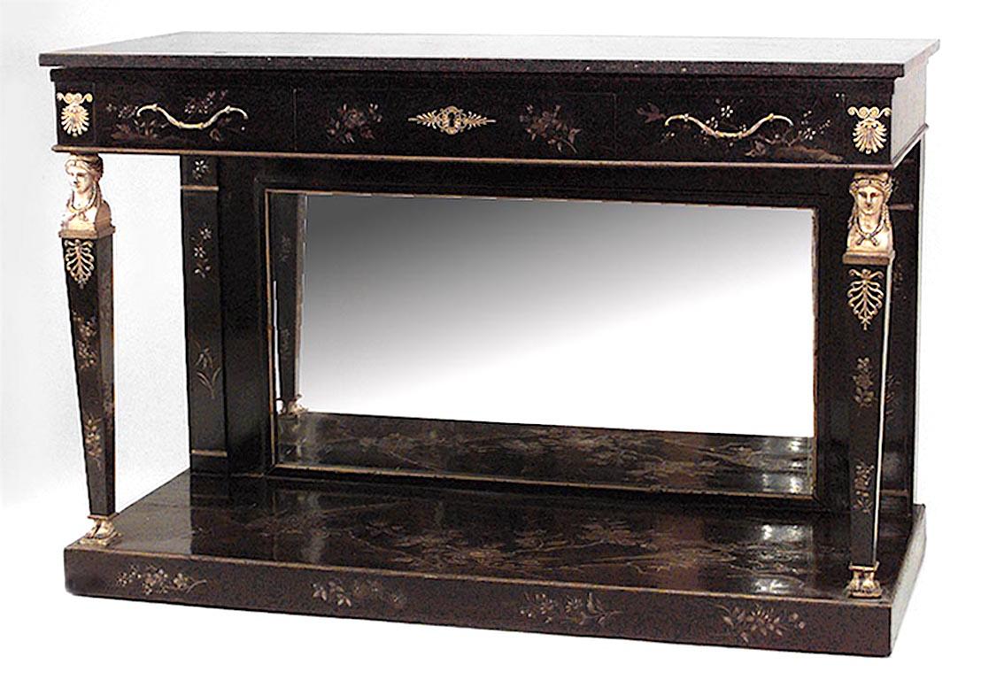 Continental Empire Black Lacquer Chinoiserie Console Table For Sale 4