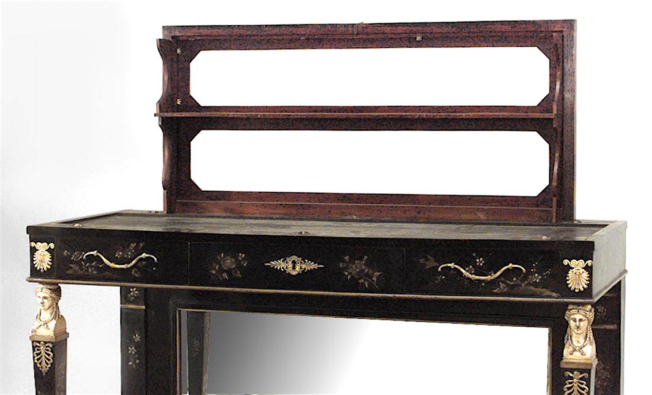 Continental Dutch Empire-style (Circa 1840) black lacquer Chinoiserie console table with adjustable mirror on back and bronze heads with black marble top.
