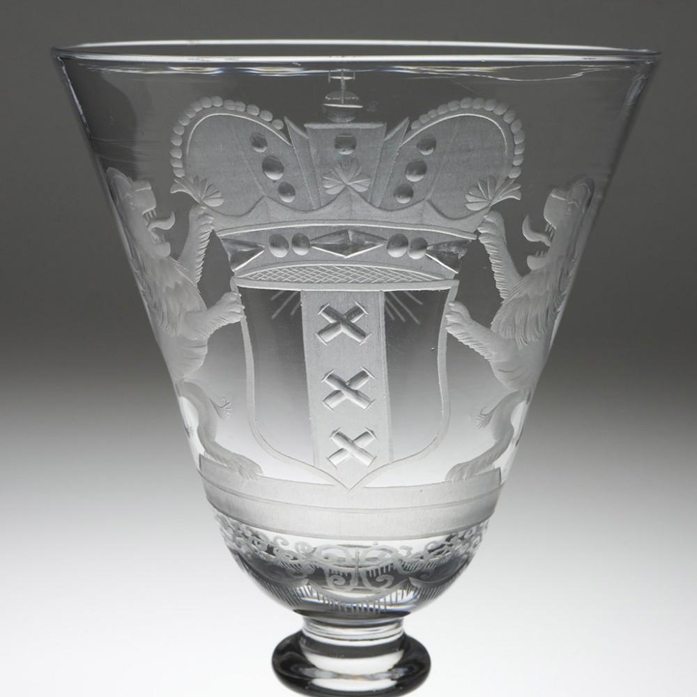 Dutch Engraved Armorial Light Baluster Goblet, c1755

Lead glass was being produced in Holland and Wallonia by the mid 18th century and in Norway within another decade. Quite why the enterprising merchants of the Provinces of The Netherlands would