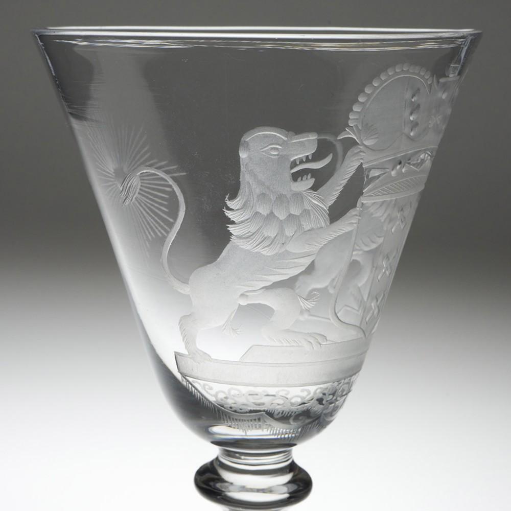English Dutch Engraved Armorial Light Baluster Goblet, c1755 For Sale