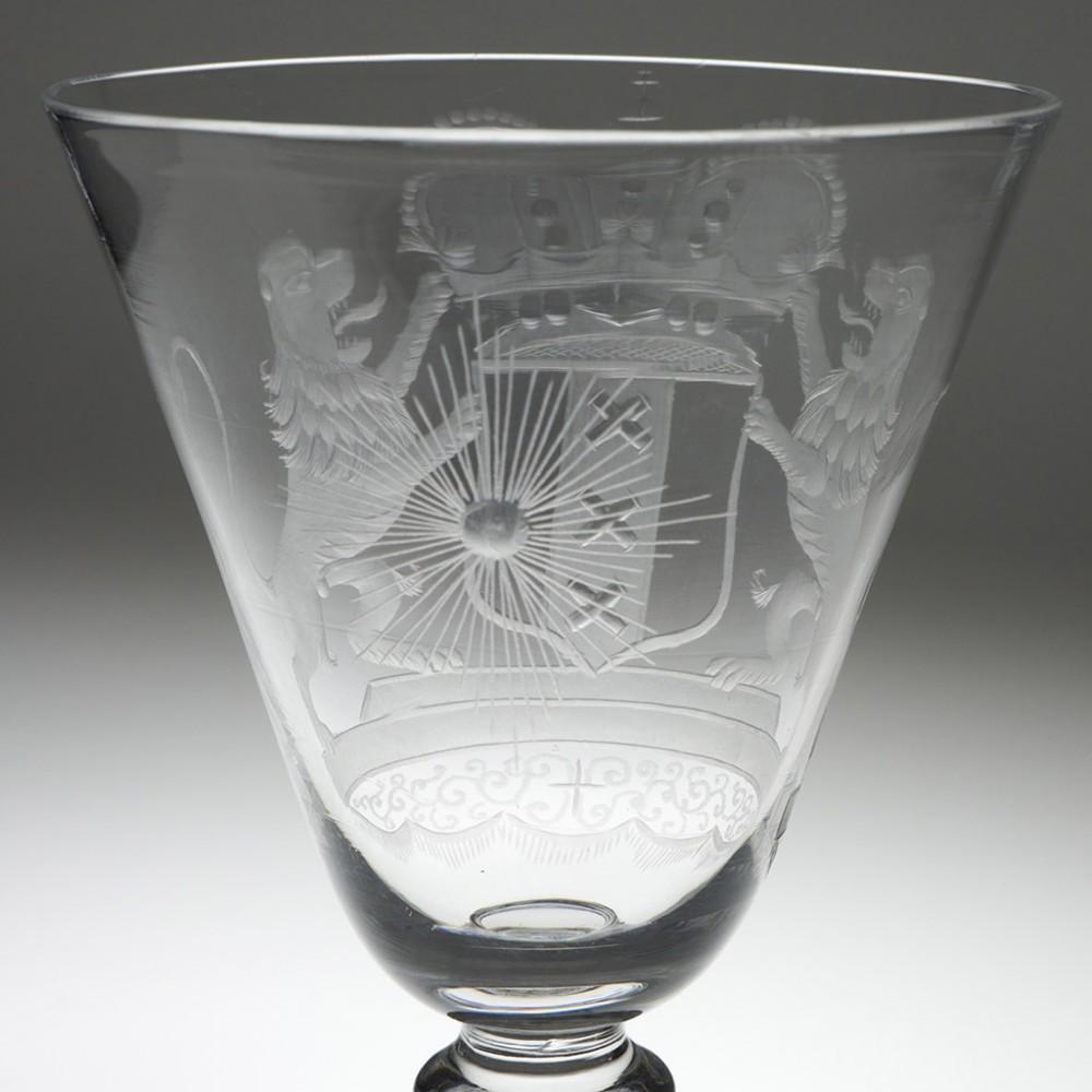 18th Century and Earlier Dutch Engraved Armorial Light Baluster Goblet, c1755 For Sale