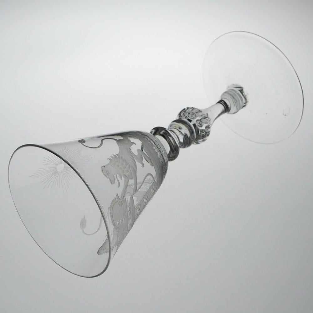 Glass Dutch Engraved Armorial Light Baluster Goblet, c1755 For Sale