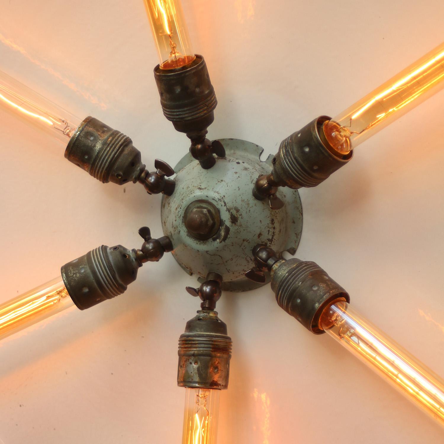 Extra extra large vintage industrial pendant used in warehouses and factories.

6x E26 / E27

Diameter 95 cm / 37.4”

Green enamel, brass hook

Weight: 6.70 kg / 14.8 lb

Priced per individual item. All lamps have been made suitable by international