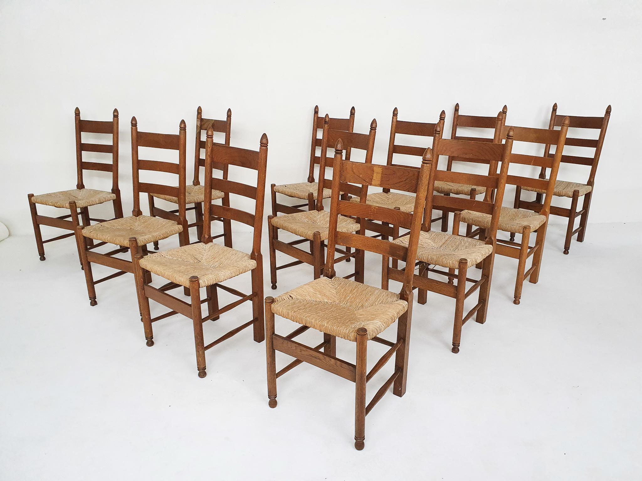 French Provincial Dutch Farmers Dining Chairs in Oak and Sisal, 1950's