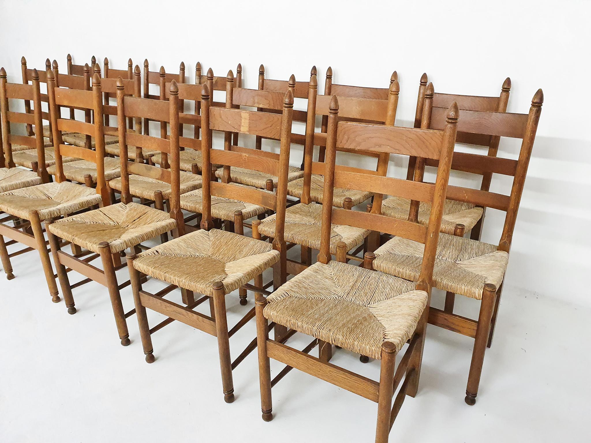 20th Century Dutch Farmers Dining Chairs in Oak and Sisal, 1950's