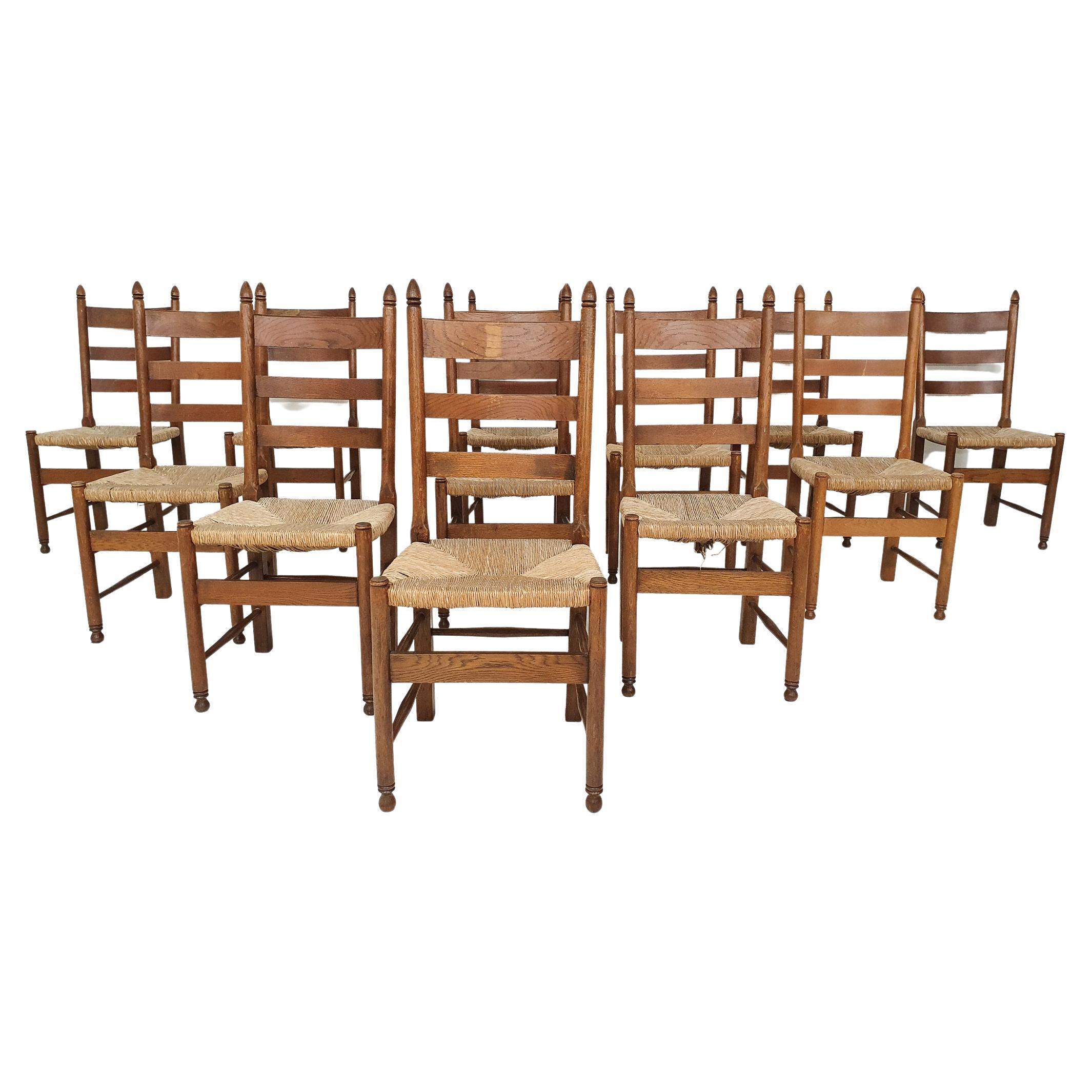 Dutch Farmers Dining Chairs in Oak and Sisal, 1950's