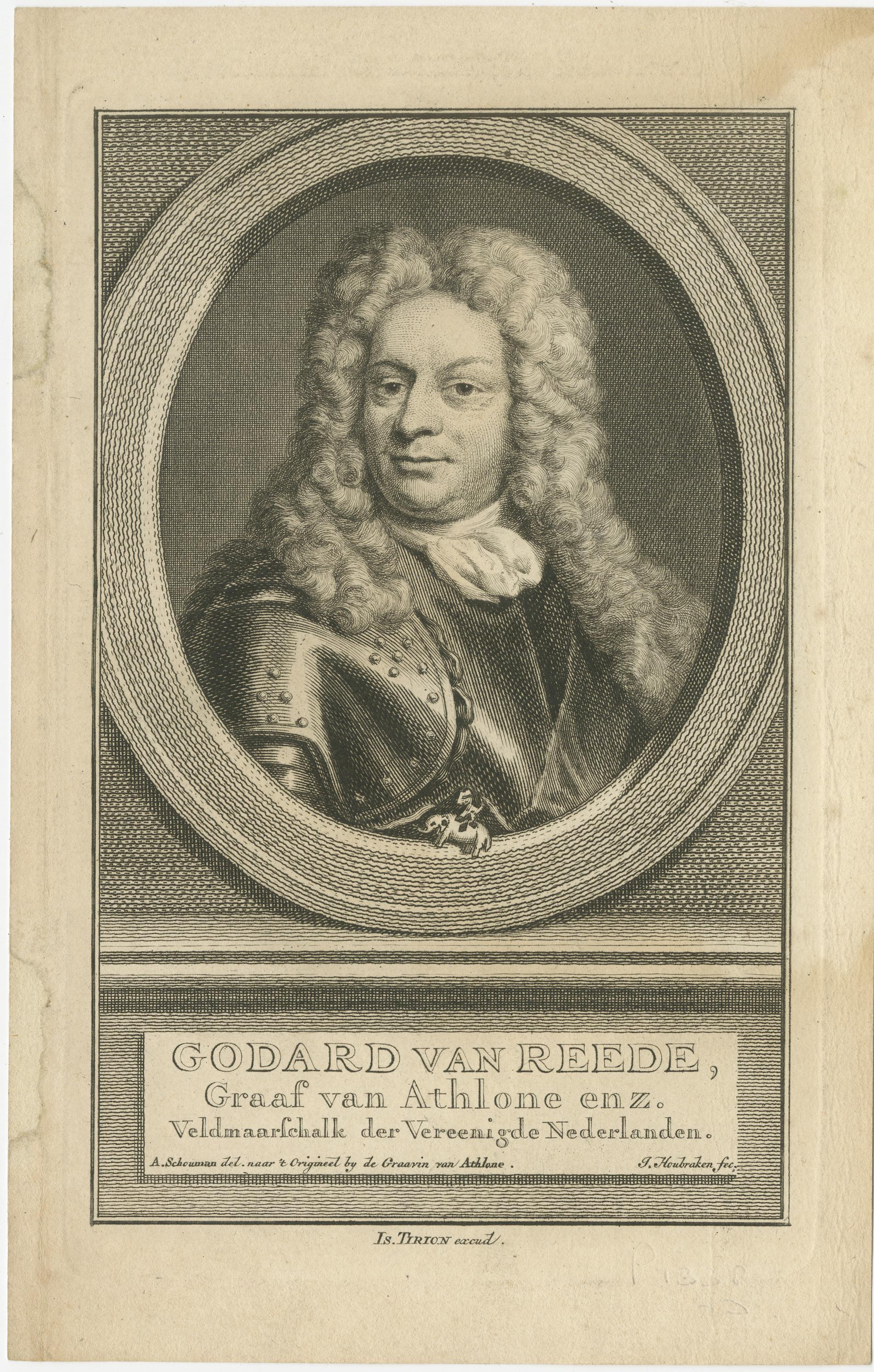 Dutch Field Marshals – Godard van Reede, Lodewyk, and Van Nassau, c.1750 Engravings

This fine set of three 18th-century portrait engravings depicts prominent Dutch military leaders: Godard van Reede, Count of Athlone; Lodewyk, Duke of
