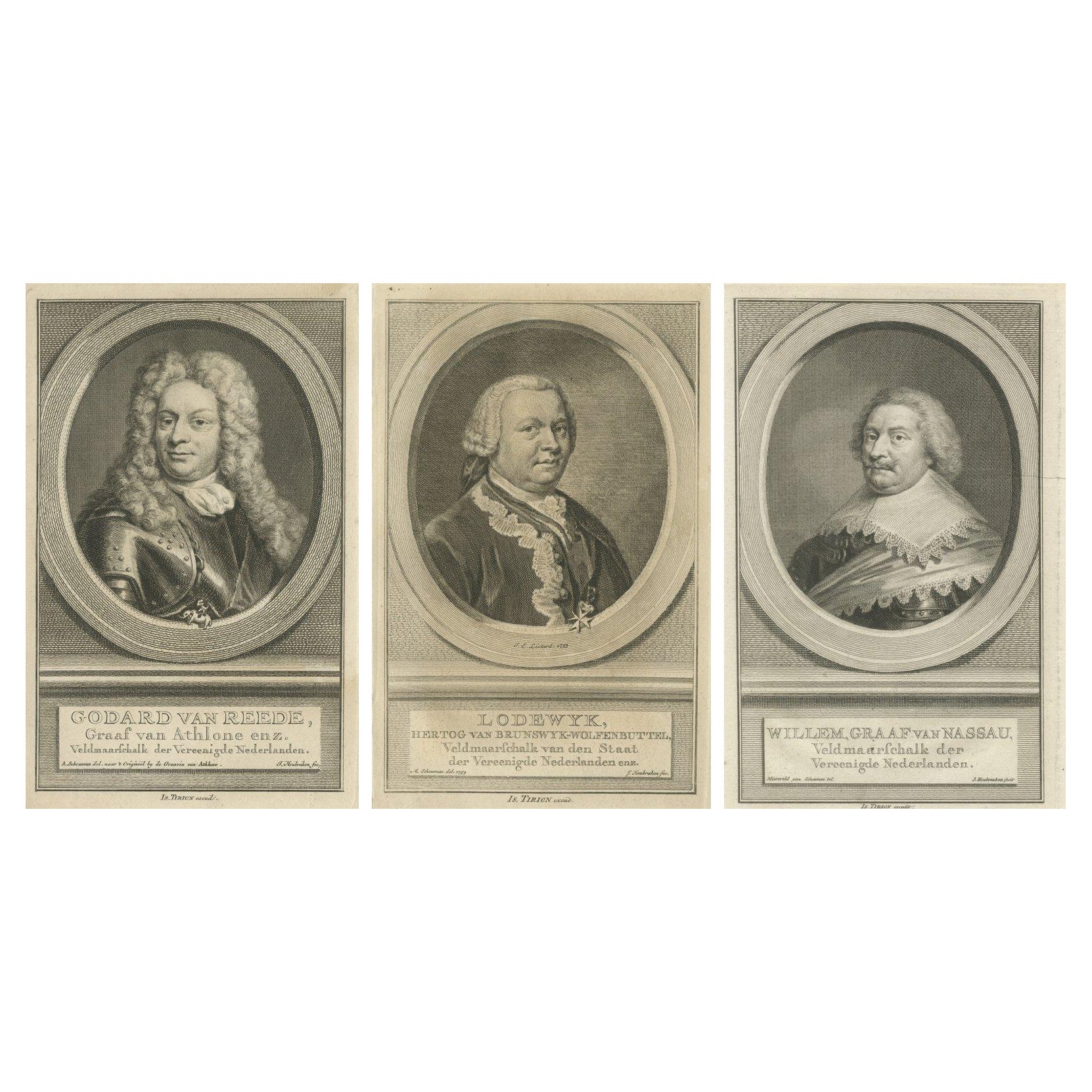 Dutch Field Marshals – Van Reede, Lodewyk & Van Nassau, 18th Century Engravings For Sale