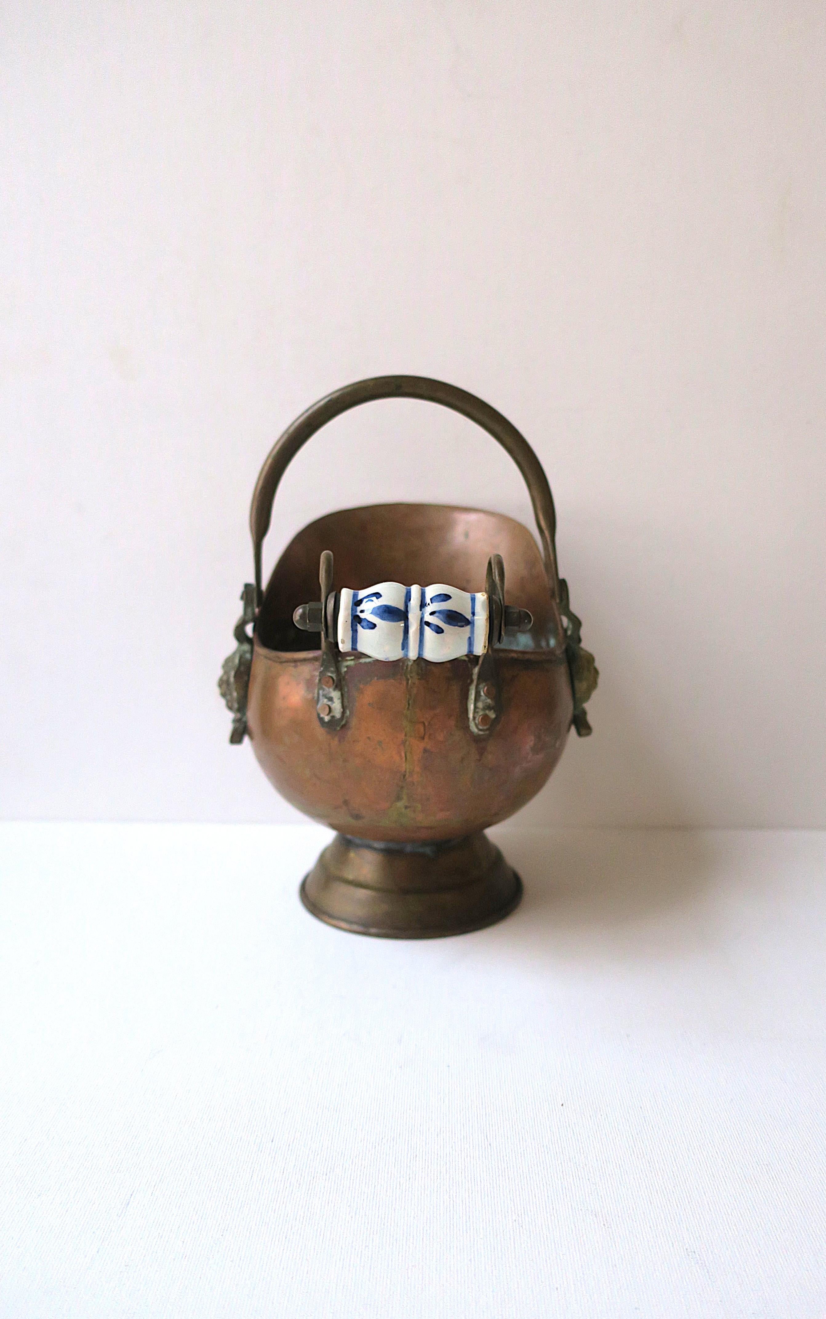 Brass Dutch Fireplace Scuttle Bucket Delft Handle For Sale