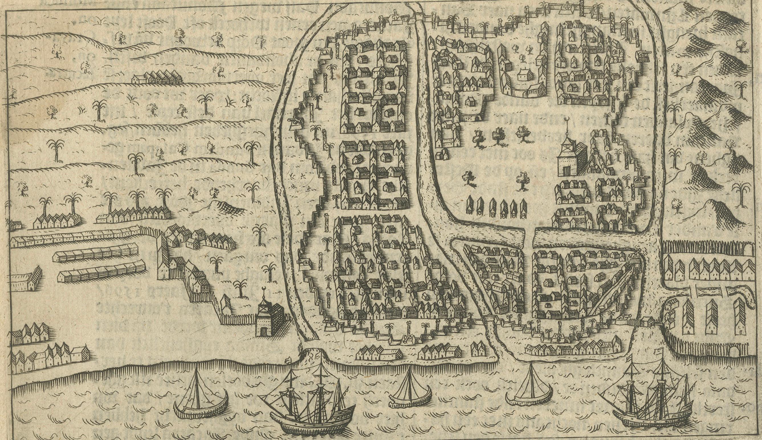 Flota holandesa y ciudad portuaria fortificada de Bantam, de la Historia de Amsterdam, 1611 Grabado en venta