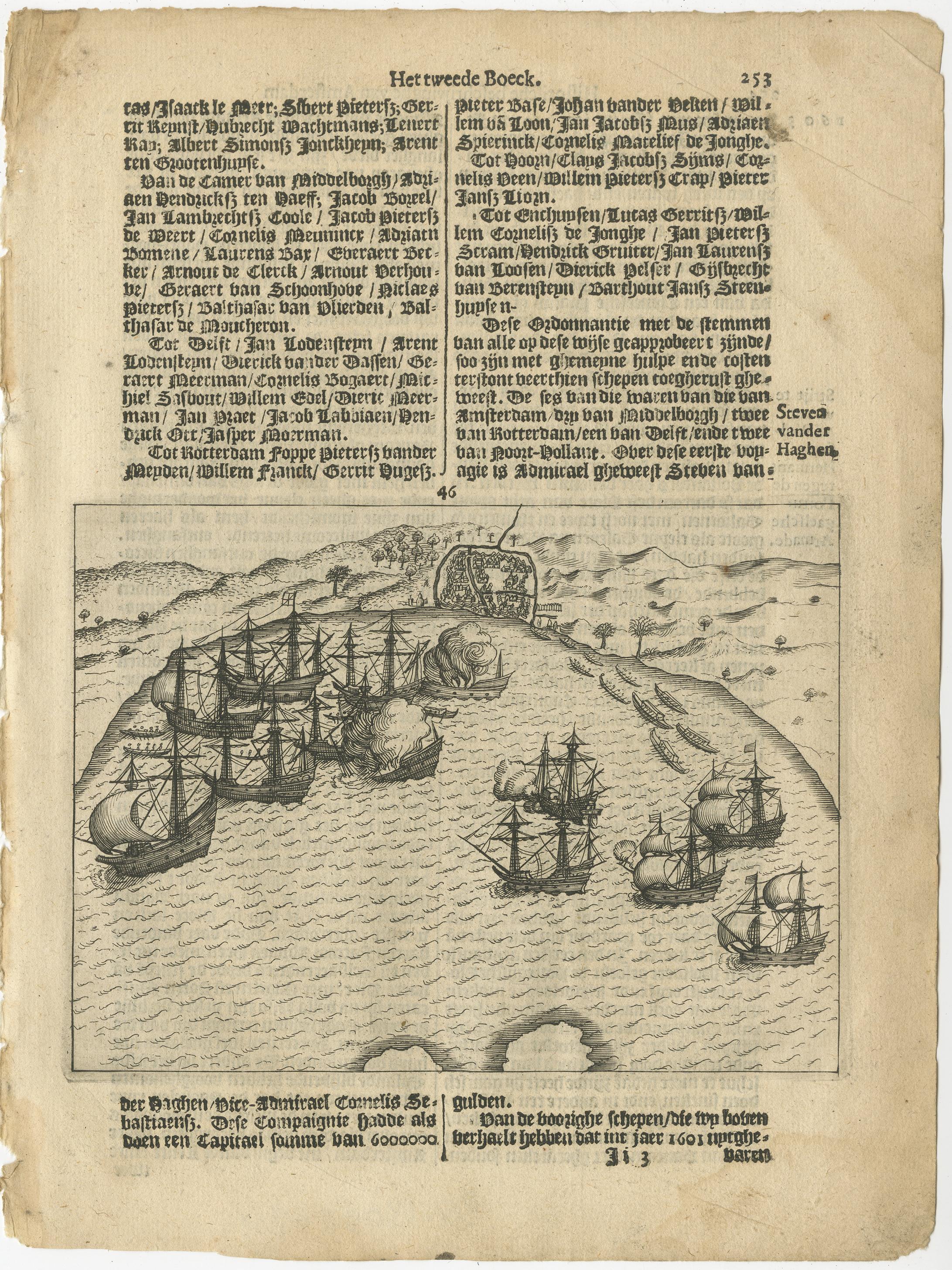 Flota holandesa y ciudad portuaria fortificada de Bantam, de la Historia de Amsterdam, 1611 en Bueno estado para la venta en Langweer, NL