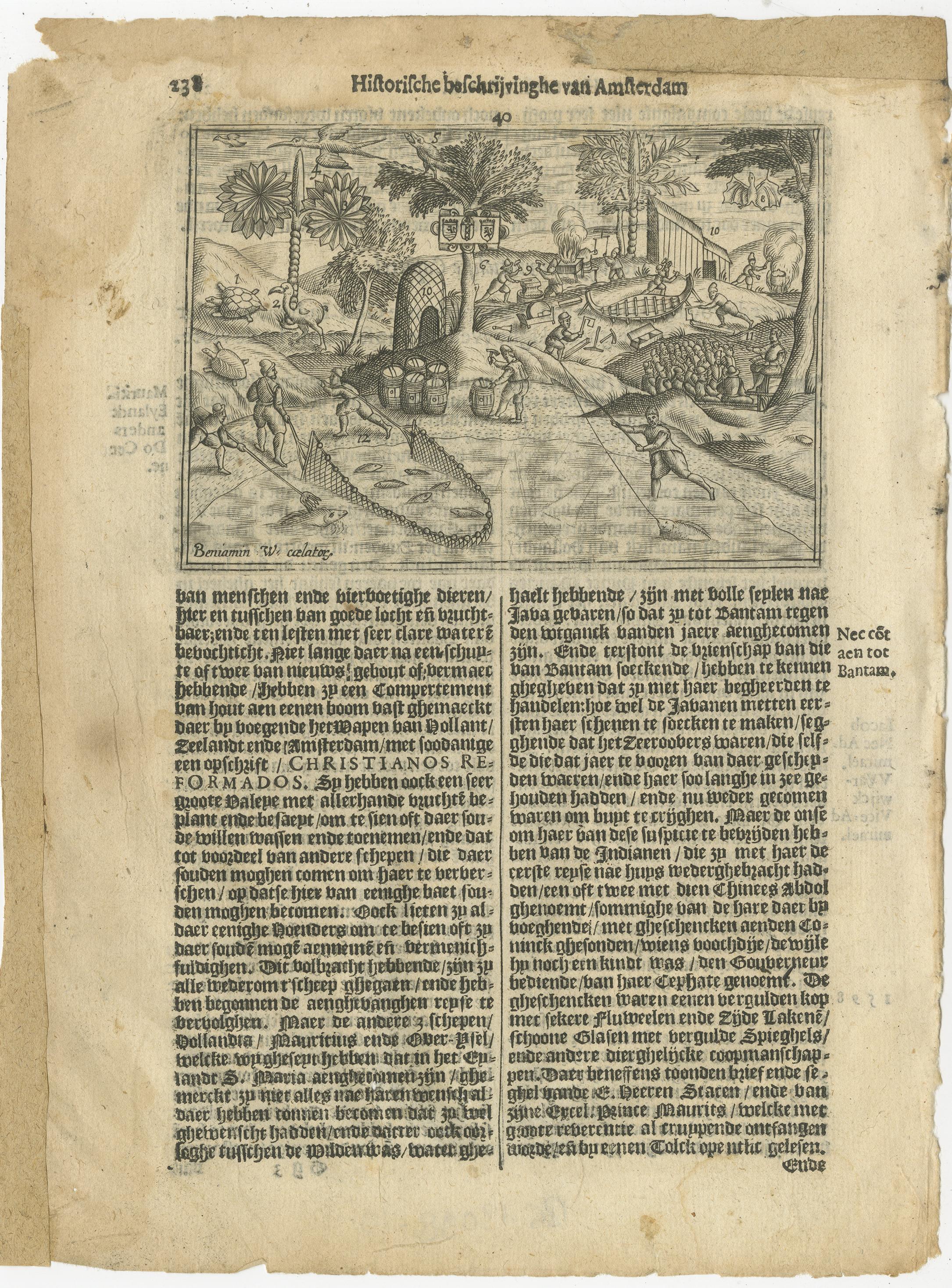 Titre : Flotte hollandaise à Sainte-Hélène (Calatog), scène de début de voyage, Linschoten c.1601

Description :
Rare gravure hollandaise du début du XVIIe siècle tirée de l'Itinerario de Jan Huygen van Linschoten, représentant des marins hollandais