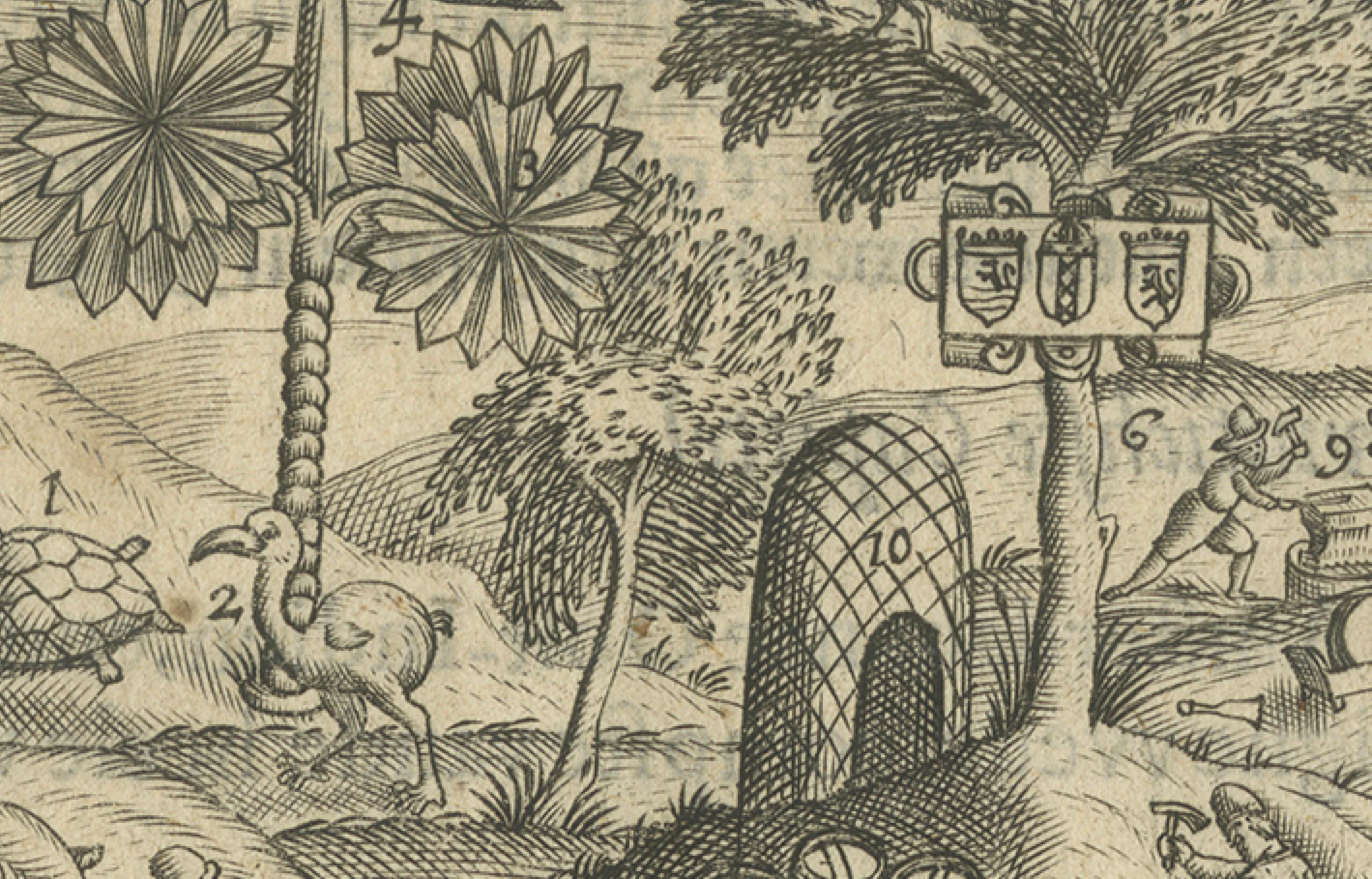 Néerlandais Flotte néerlandaise à Sainte-Hélène (Calatog), scène de début de voyage, Linschoten c.1601 en vente