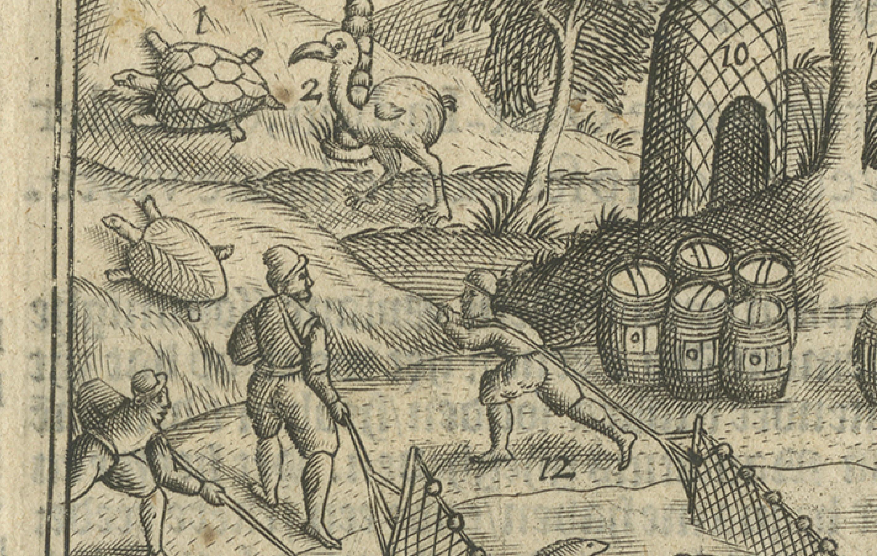 Gravé Flotte néerlandaise à Sainte-Hélène (Calatog), scène de début de voyage, Linschoten c.1601 en vente