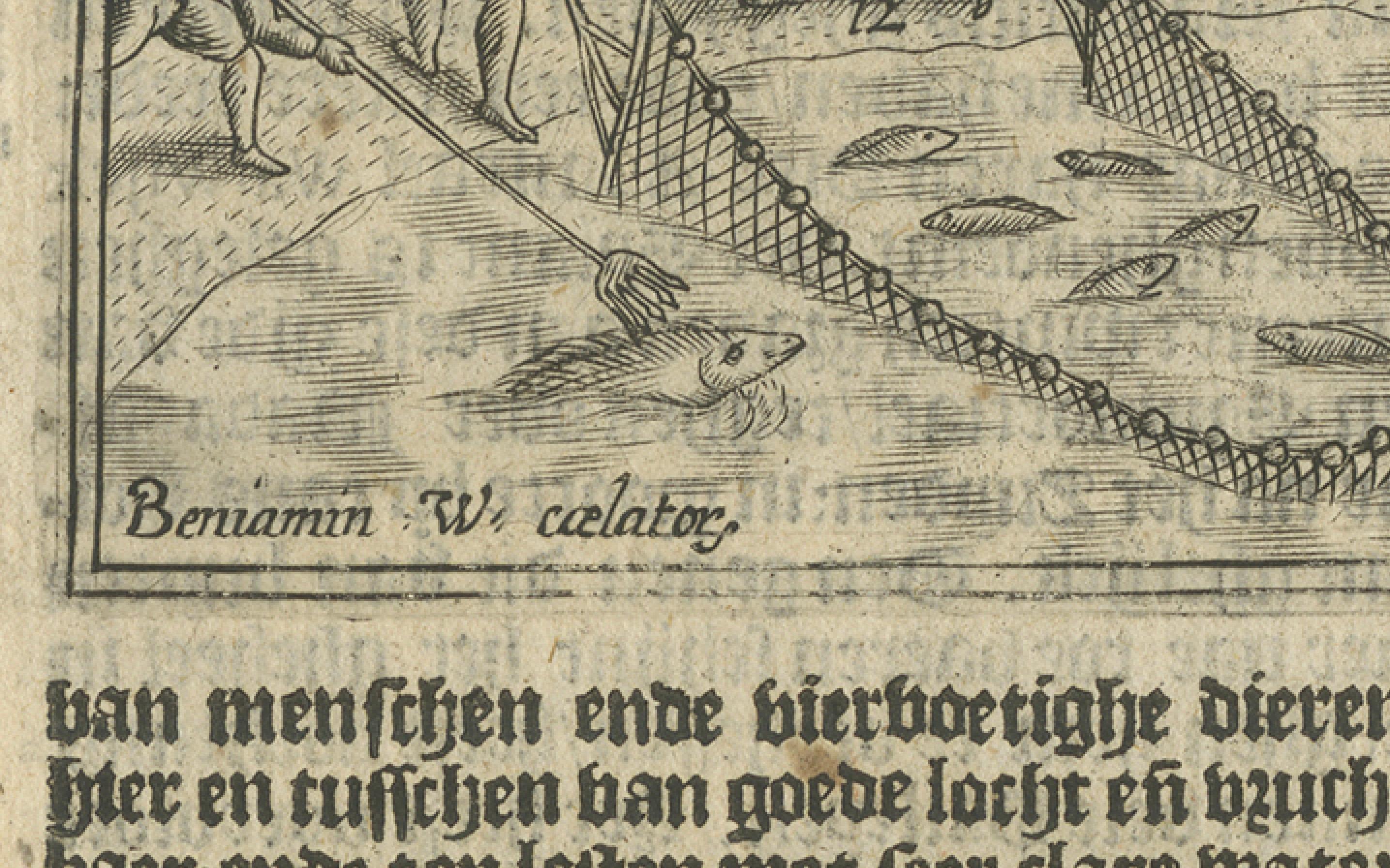 Flotte néerlandaise à Sainte-Hélène (Calatog), scène de début de voyage, Linschoten c.1601 État moyen - En vente à Langweer, NL