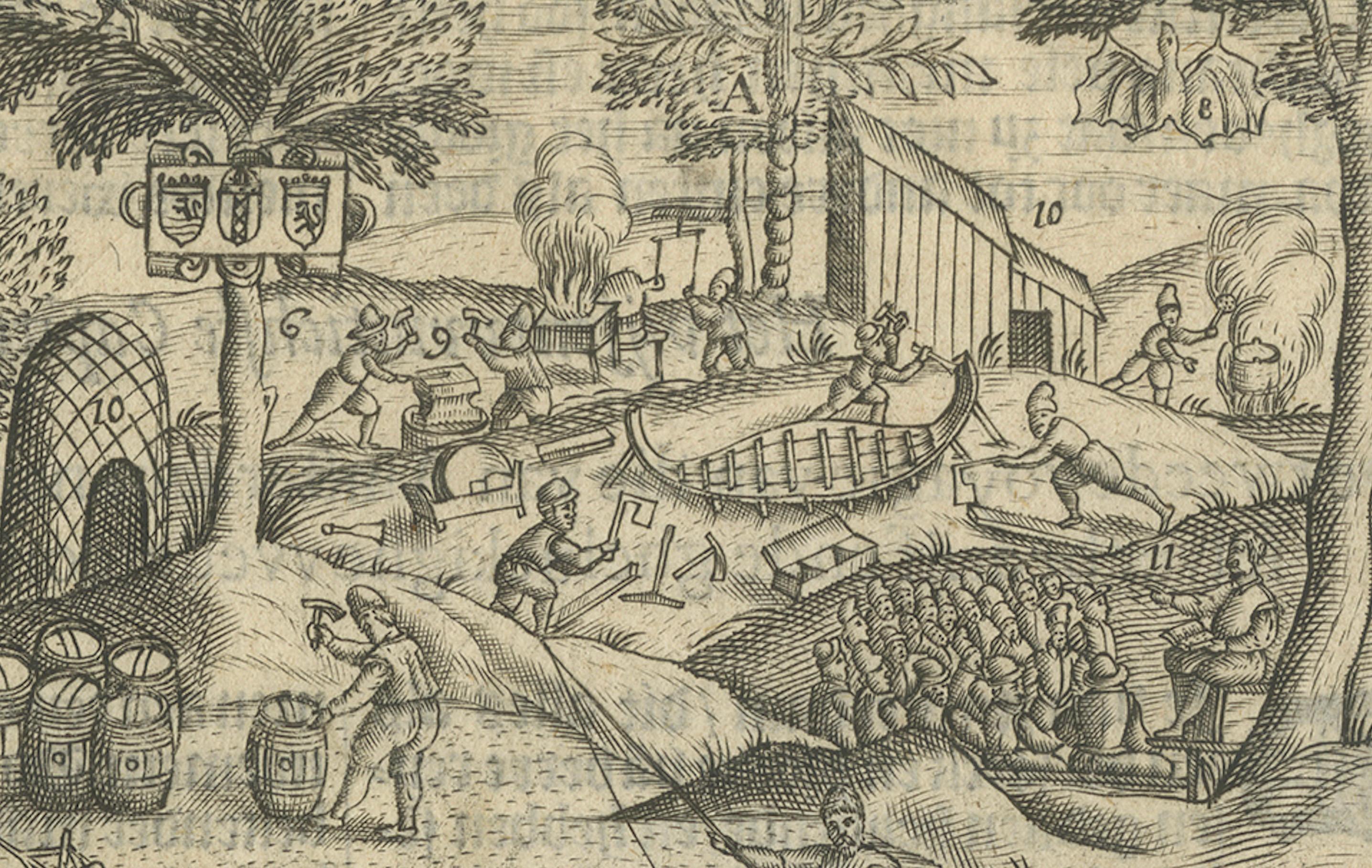 17ème siècle Flotte néerlandaise à Sainte-Hélène (Calatog), scène de début de voyage, Linschoten c.1601 en vente
