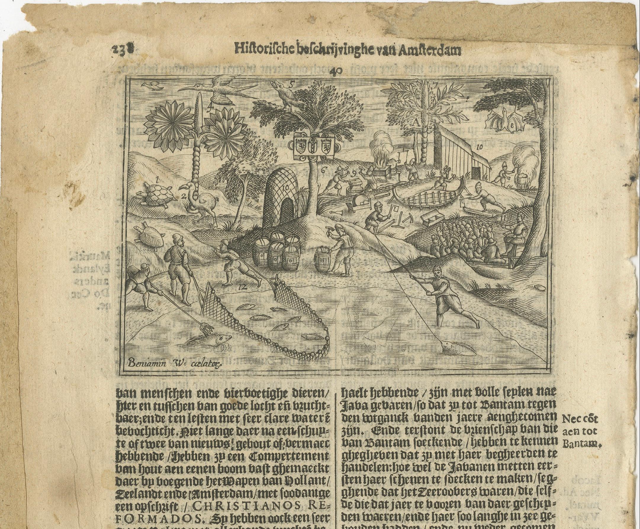 Papier Flotte néerlandaise à Sainte-Hélène (Calatog), scène de début de voyage, Linschoten c.1601 en vente