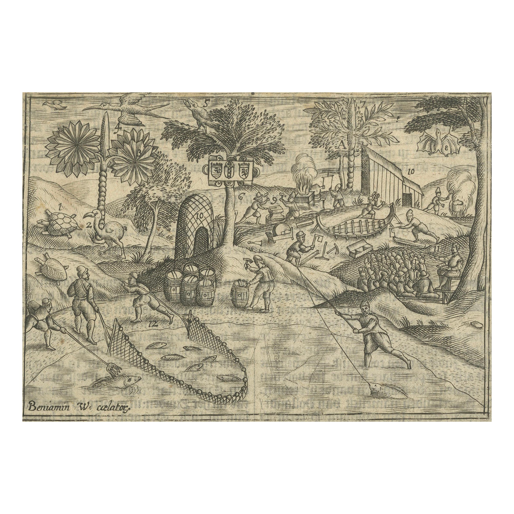 Dutch Fleet at St. Helena (Calatog), Early Voyage Scene, Linschoten c.1601