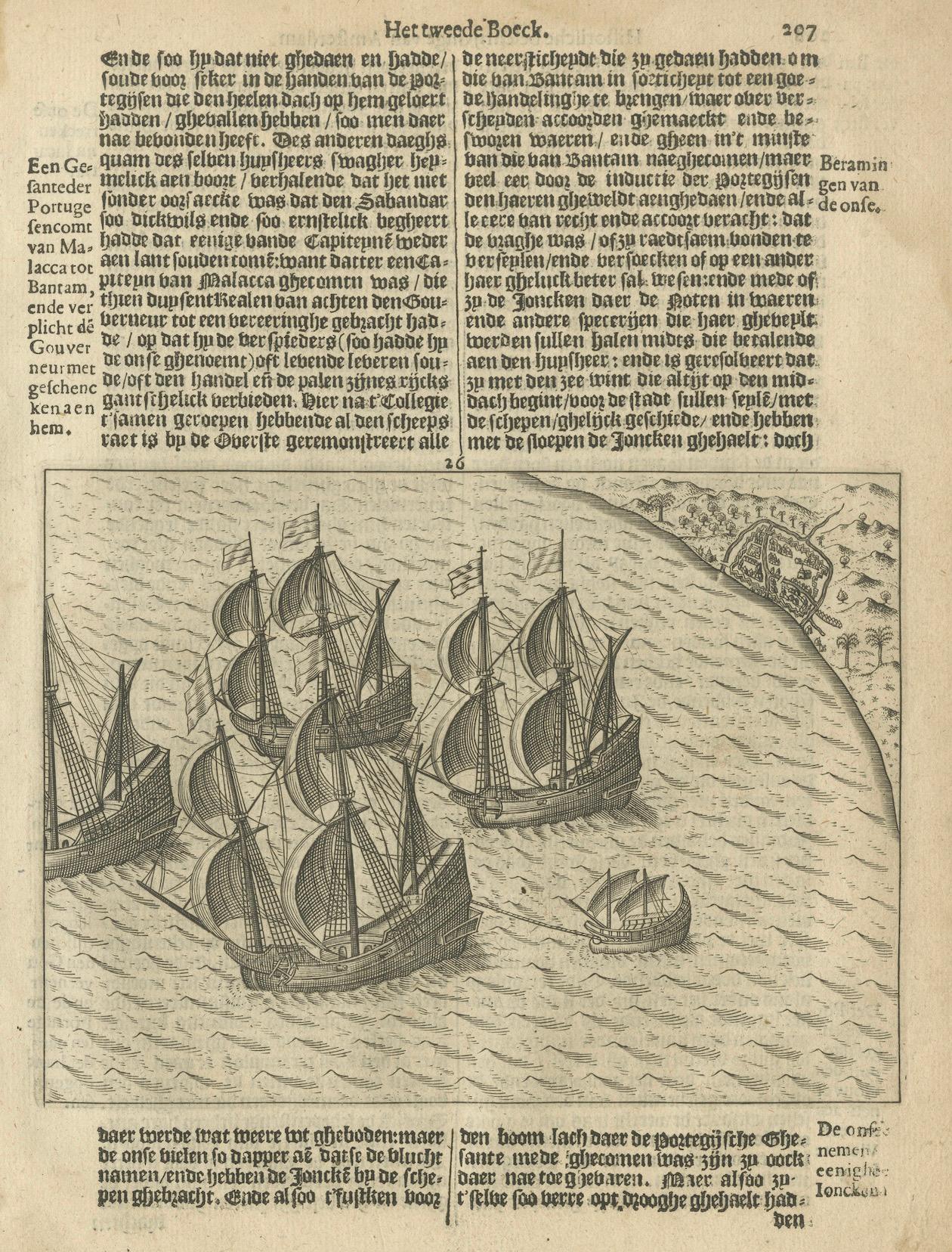 Title: Dutch Fleet off the Coast of Java, from Pontanus’ History of Amsterdam, 1611

This original 1611 engraving from Johannes Isacius Pontanus’ *Rerum et urbis Amstelodamensium historia* (History of Amsterdam) depicts a striking maritime scene