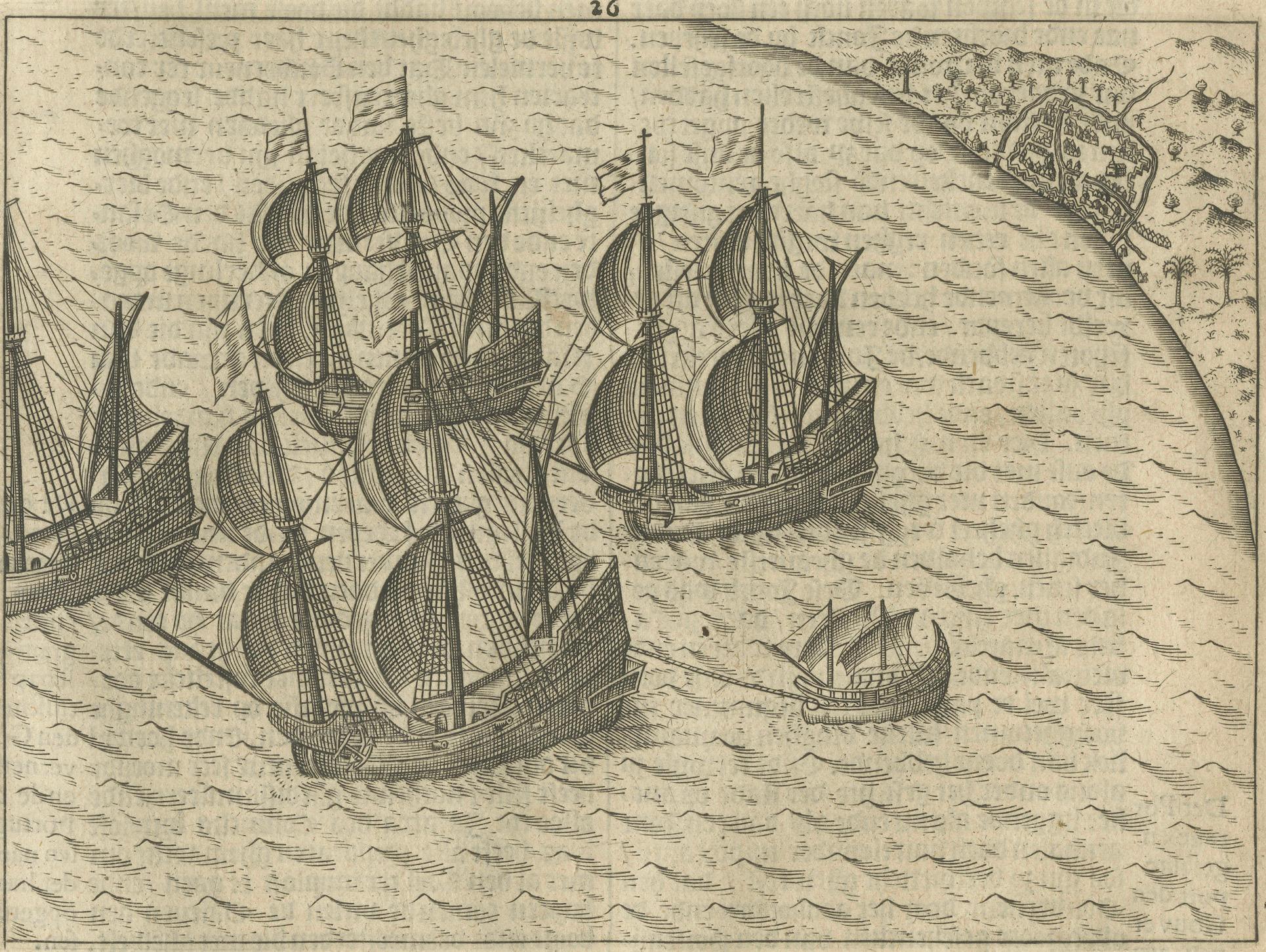 Engraved Dutch Fleet off the Coast of Bantam, Java, from History of Amsterdam, 1611 For Sale