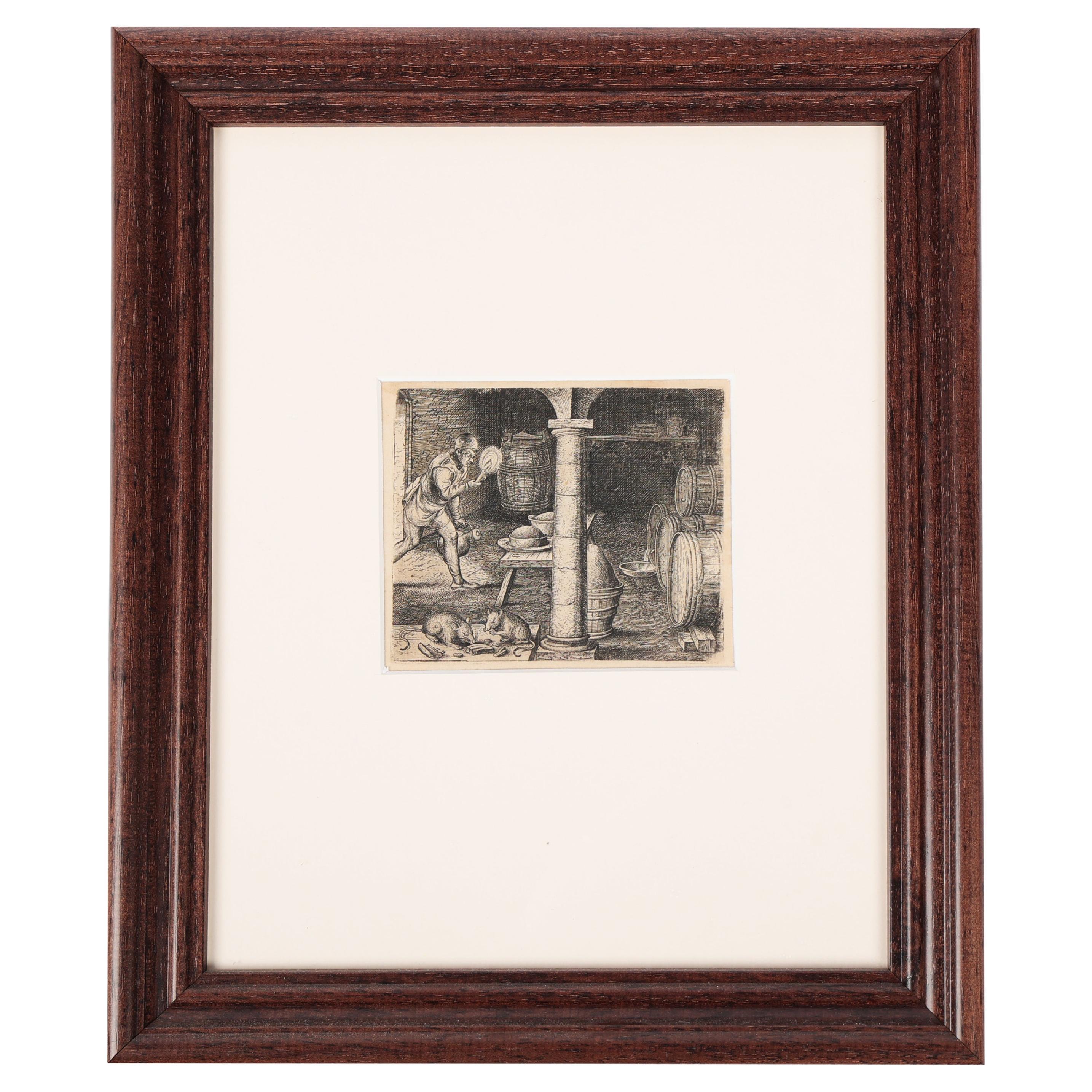 Dutch Flemish Engraving Cellar Scene Man and Barrels Art For Sale