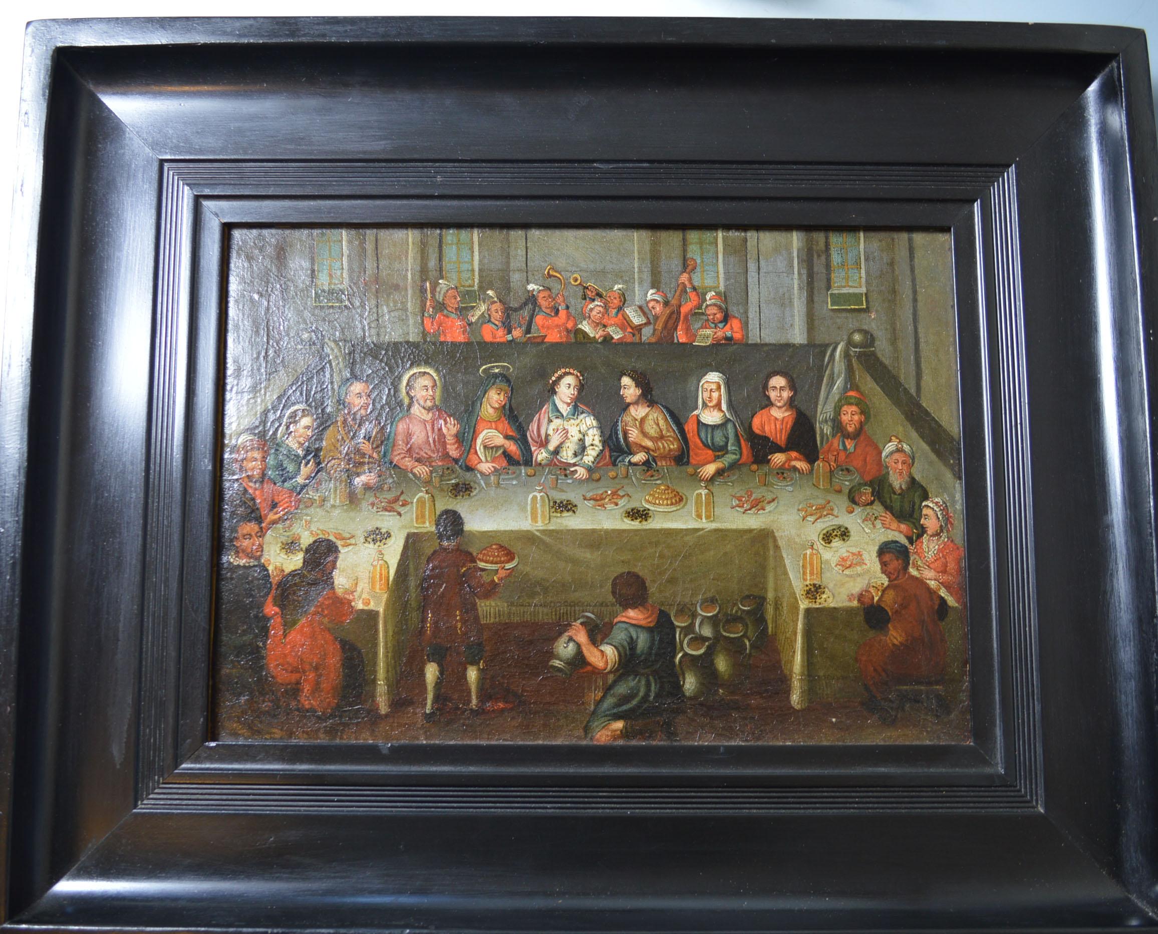 Charmante peinture flamande hollandaise de qualité maître ancien représentant les noces de Cana.
Une œuvre rare et intéressante réalisée dans un style quelque peu naïf, une interprétation de style médiéval des noces de Cana. 
où Jésus a transformé