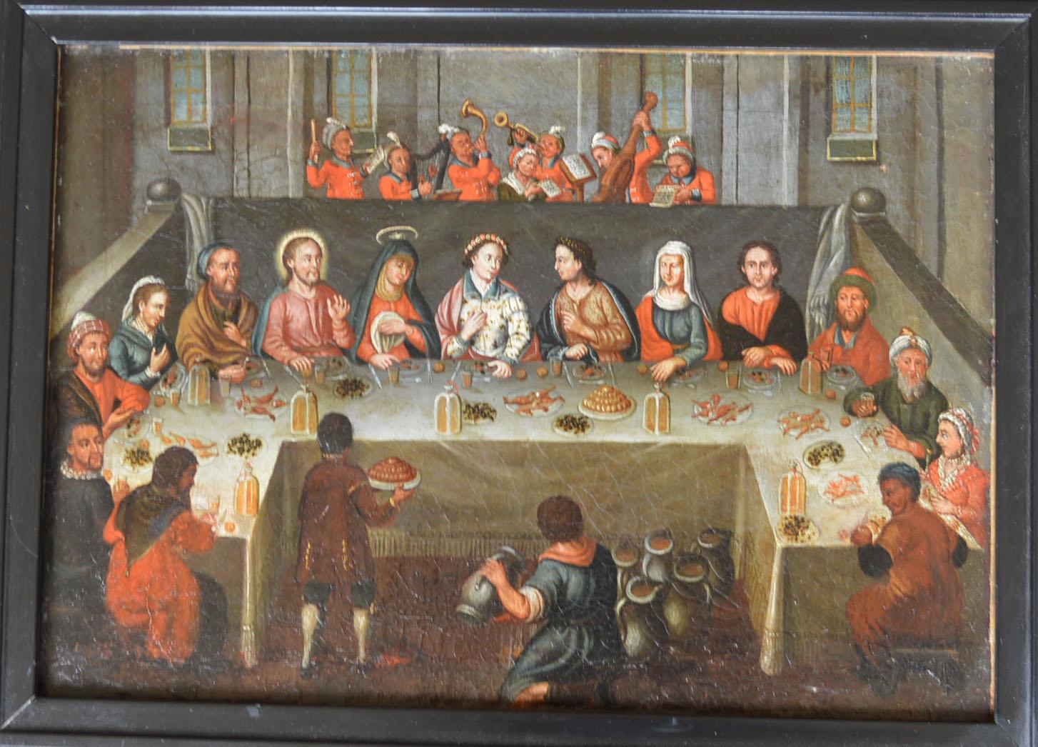 Néerlandais Peinture à l'huile de l'école flamande hollandaise, 17ème siècle, Fêtes de mariage à Cana.