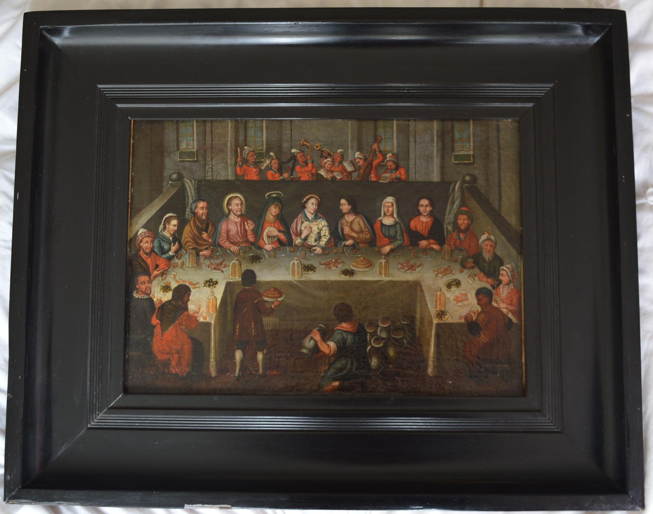Peinture à l'huile de l'école flamande hollandaise, 17ème siècle, Fêtes de mariage à Cana. 1