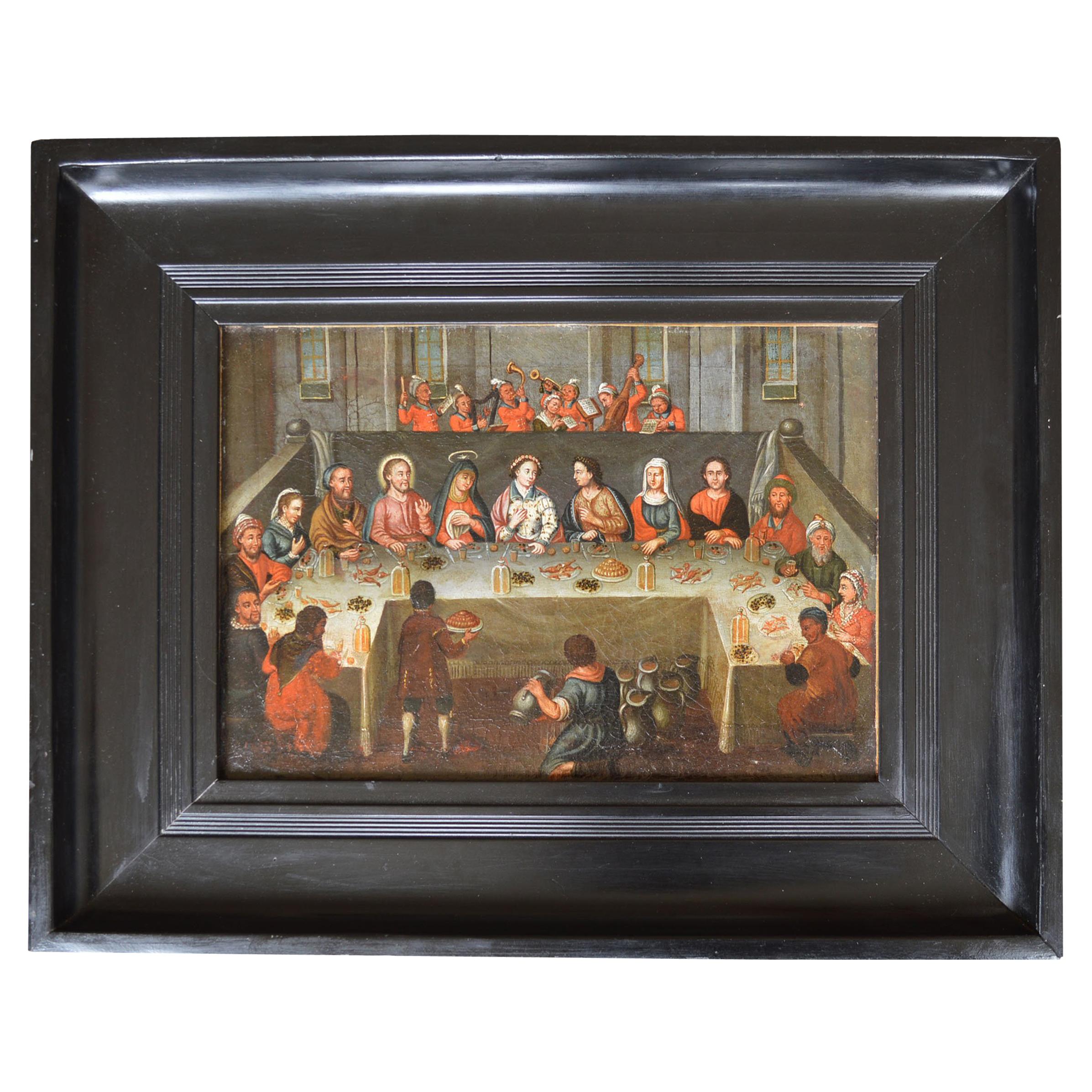 Peinture à l'huile de l'école flamande hollandaise, 17ème siècle, Fêtes de mariage à Cana.