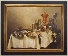 Dutch Flemish Still Life: Oysters, Bread, Wine, 19th Century