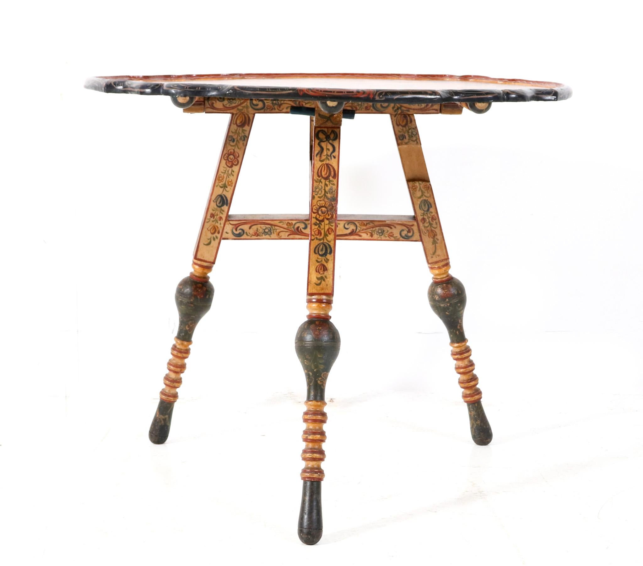 Hand-Painted Dutch Folk Art Hindeloopen Painted Tilt Top Table, 1900s For Sale