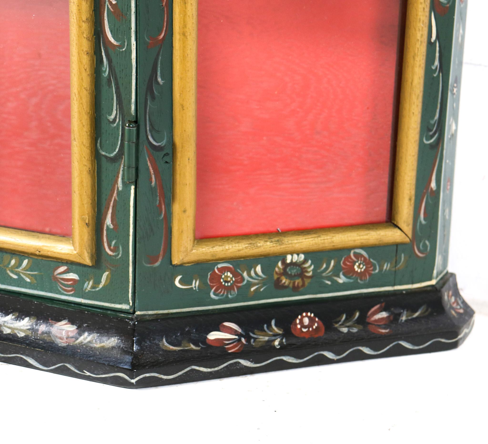 Glass Dutch Folk Art  Hindeloopen Painted Wall Cabinet, 1940s
