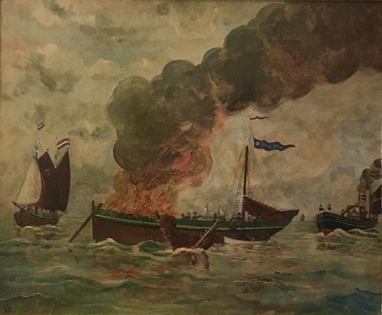 Here is a dramatic scene playing out on the high seas. A schooner is onfire and the crew try desperately to escape. Help comes from a Dutch fishing boat and an English Coble fishing boat from Northhumbrian. While the fire is consuming the boat, the