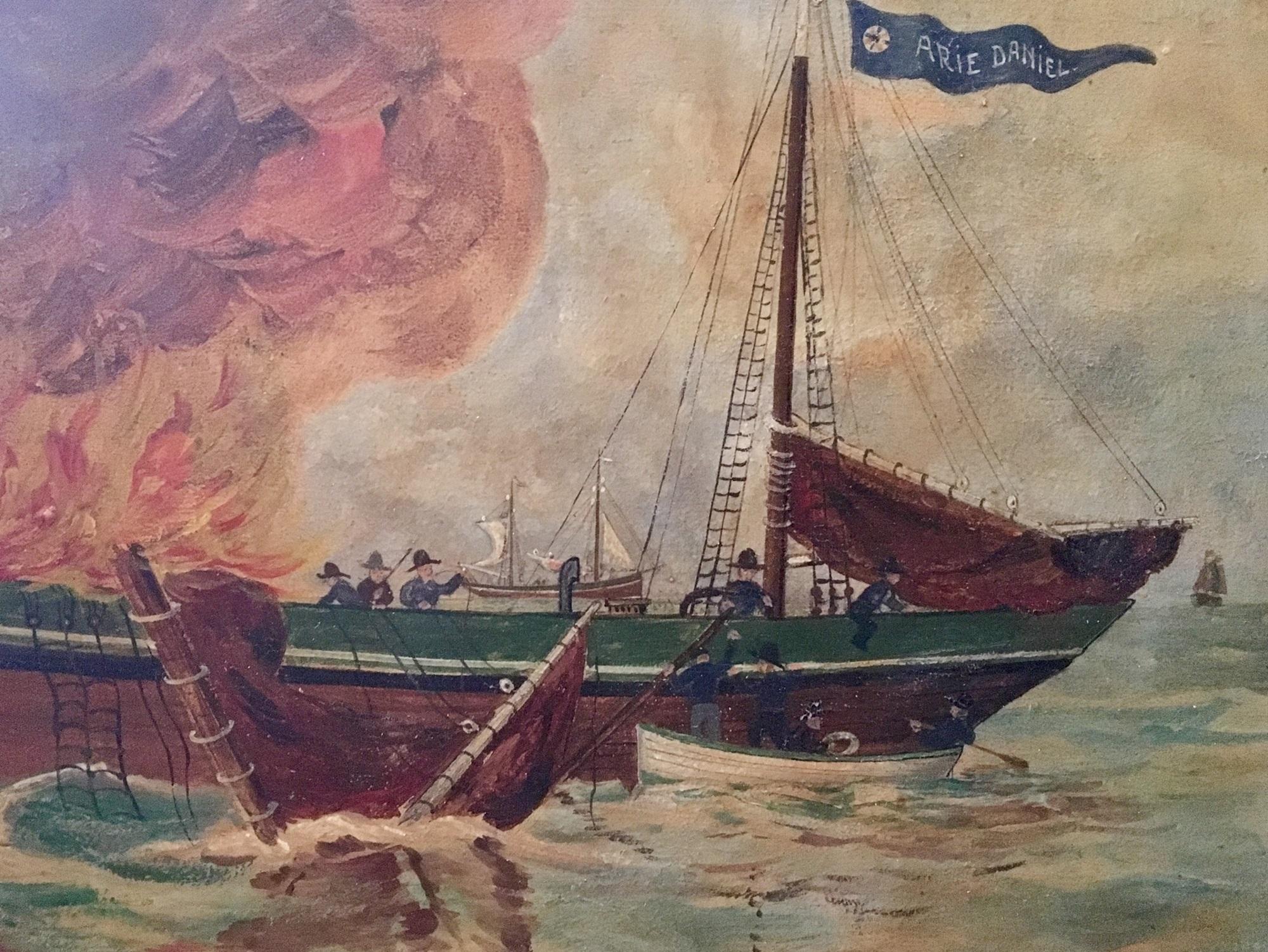 Hand-Painted Dutch Folk Art Oil Painting Dramatic Seascape, Monogram and Dated